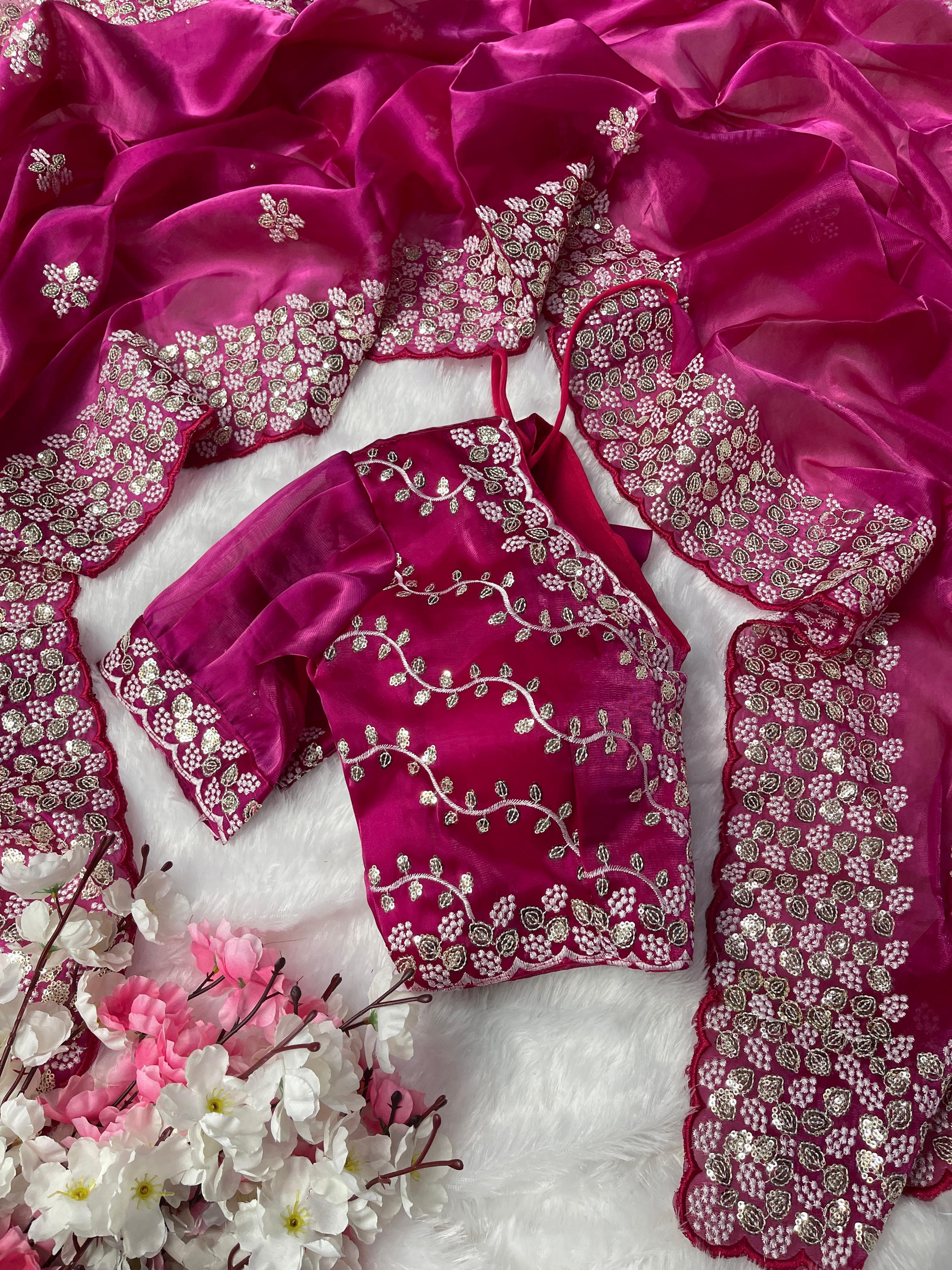 Beautiful Work Pink Color Saree With Blouse