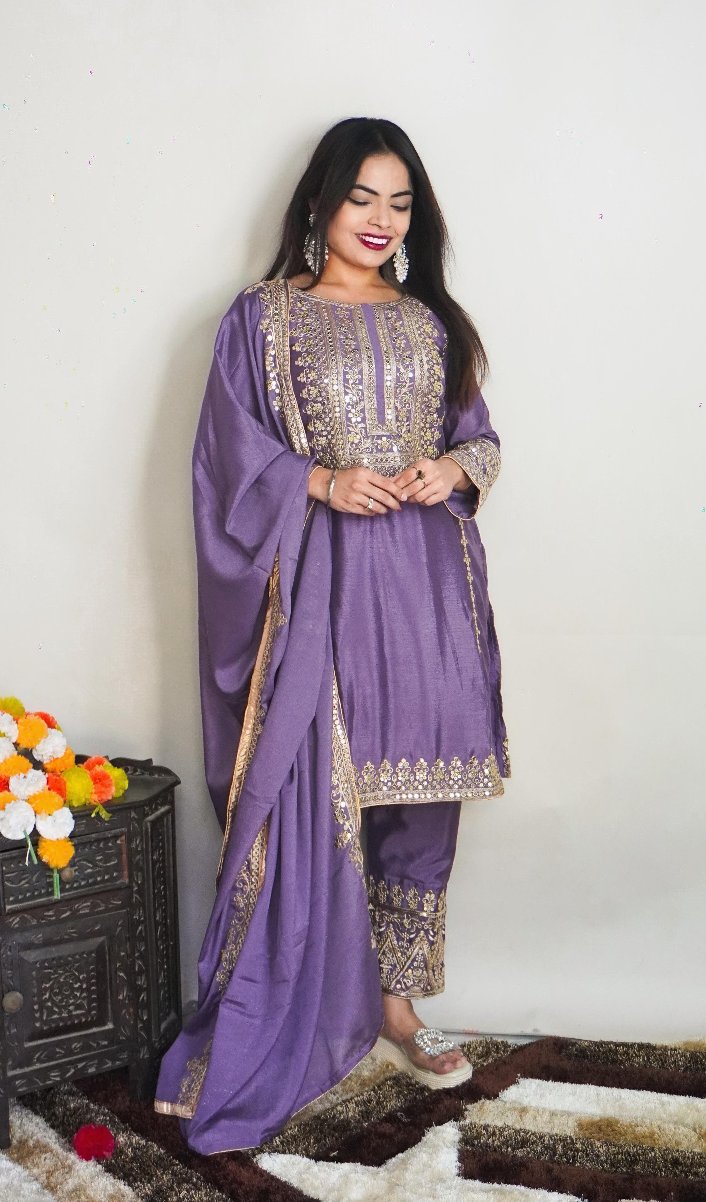 Elegant Full Sleeve With Work Lavender Color Salwar Suit