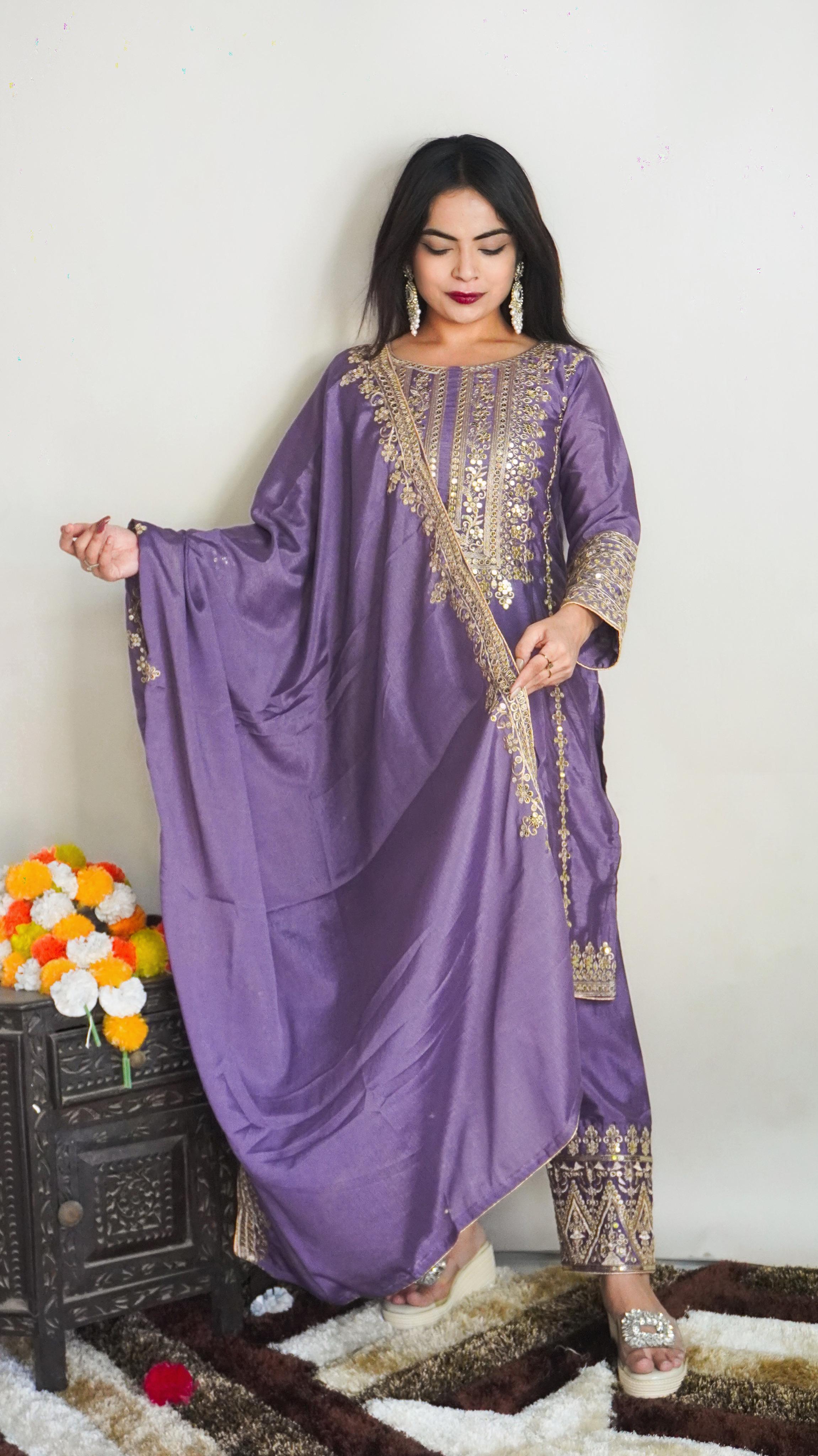 Elegant Full Sleeve With Work Lavender Color Salwar Suit