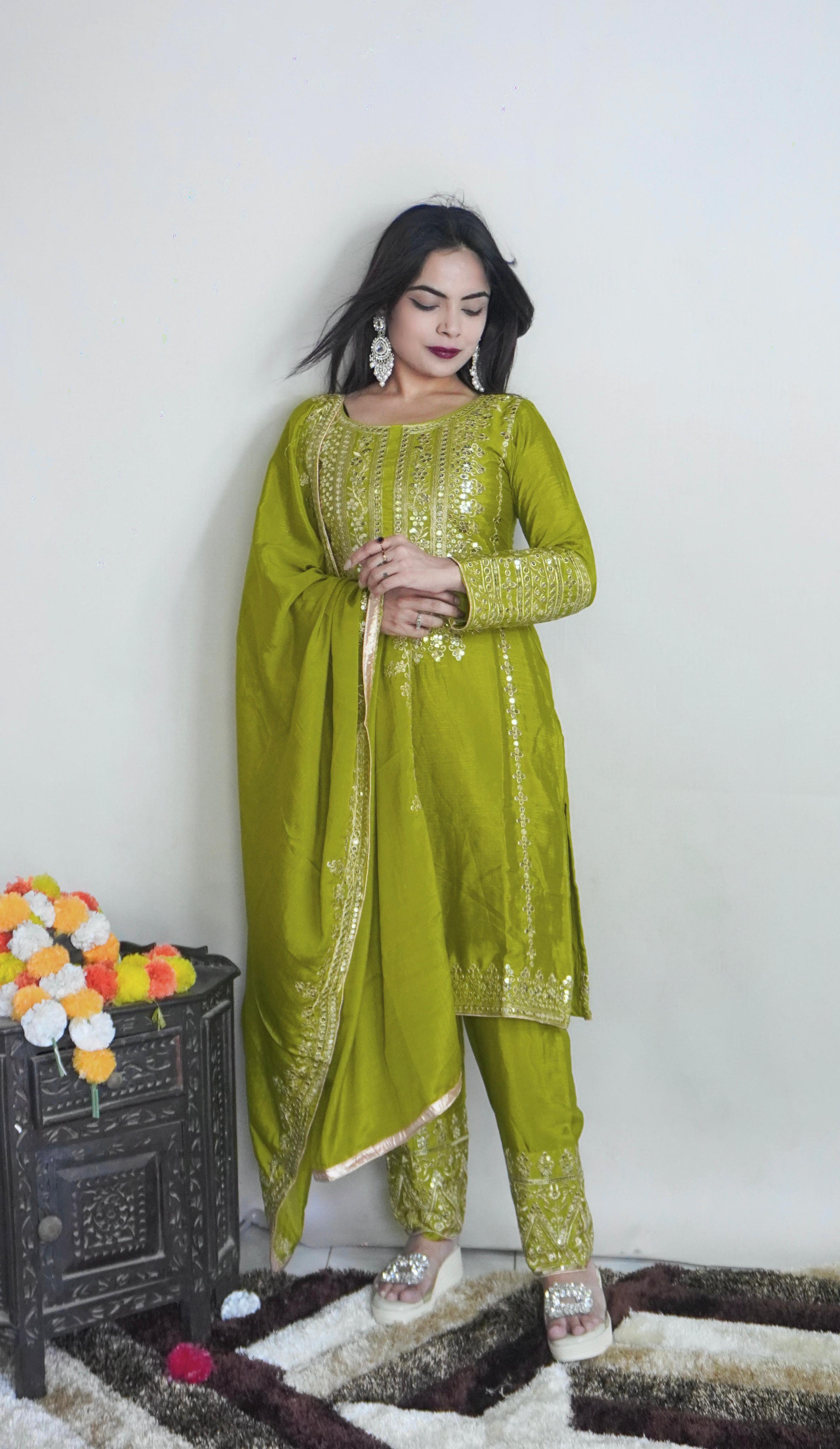 Elegant Full Sleeve With Work Parrot Green Color Salwar Suit