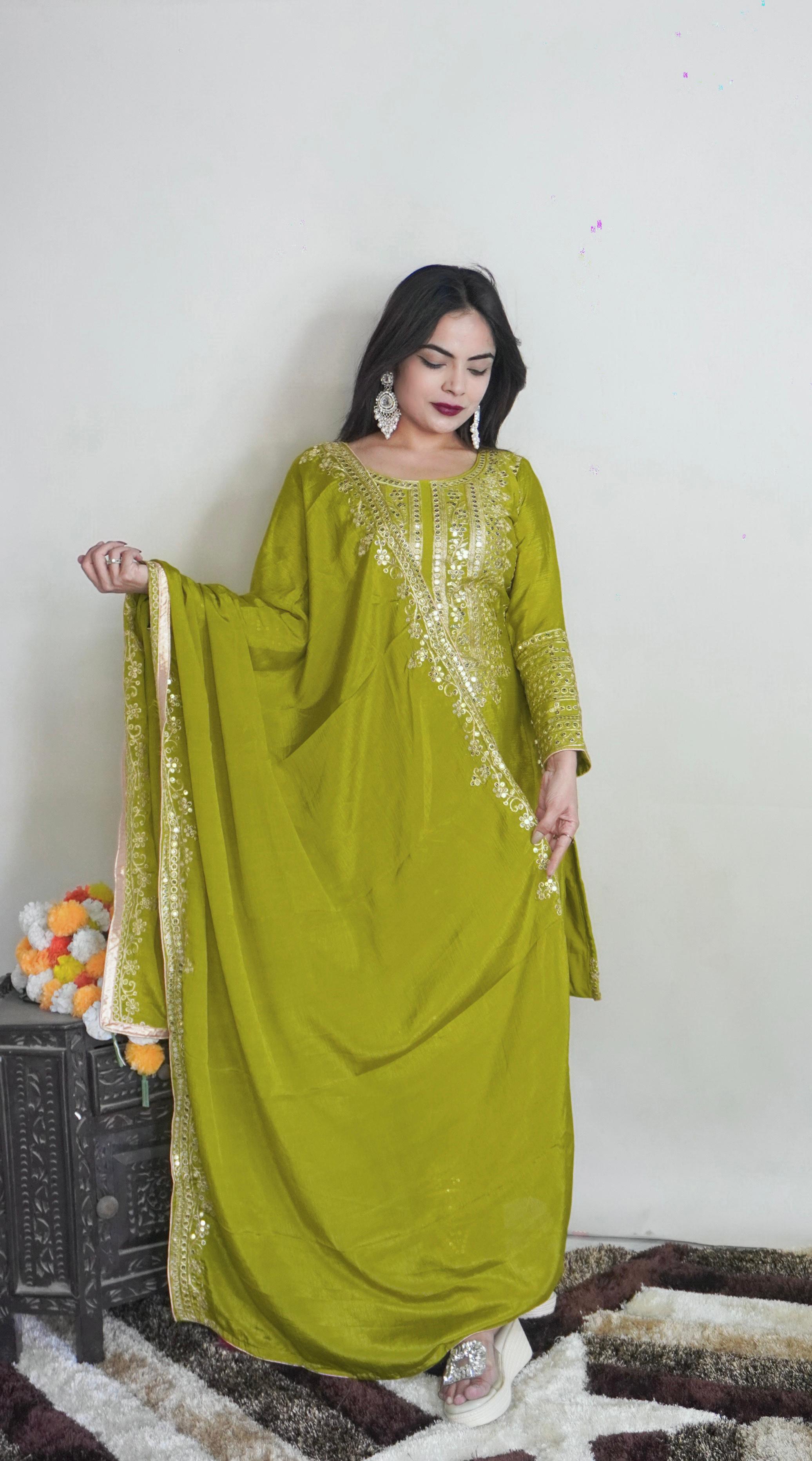 Elegant Full Sleeve With Work Parrot Green Color Salwar Suit