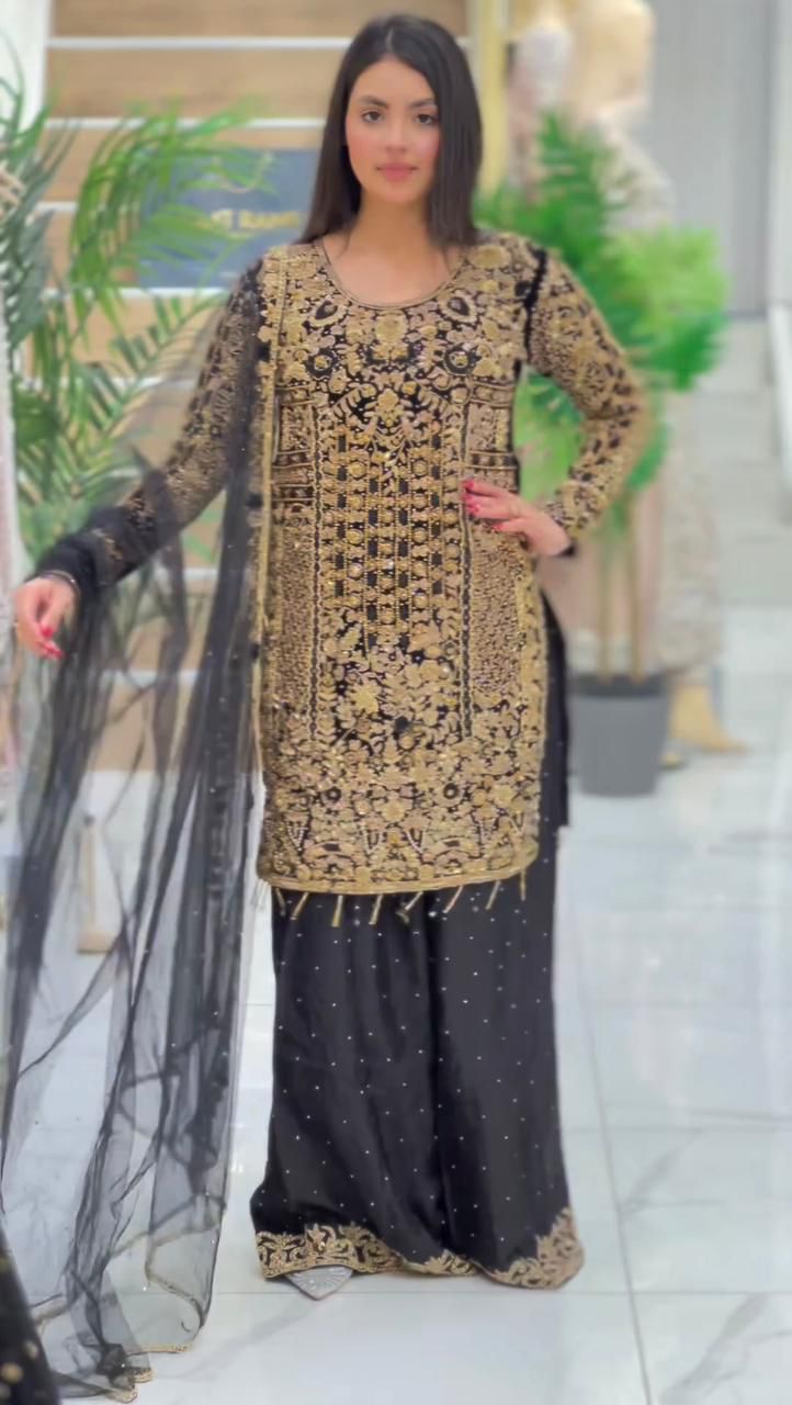 Full Heavy Work Black Color Pakistani Sharara Suit