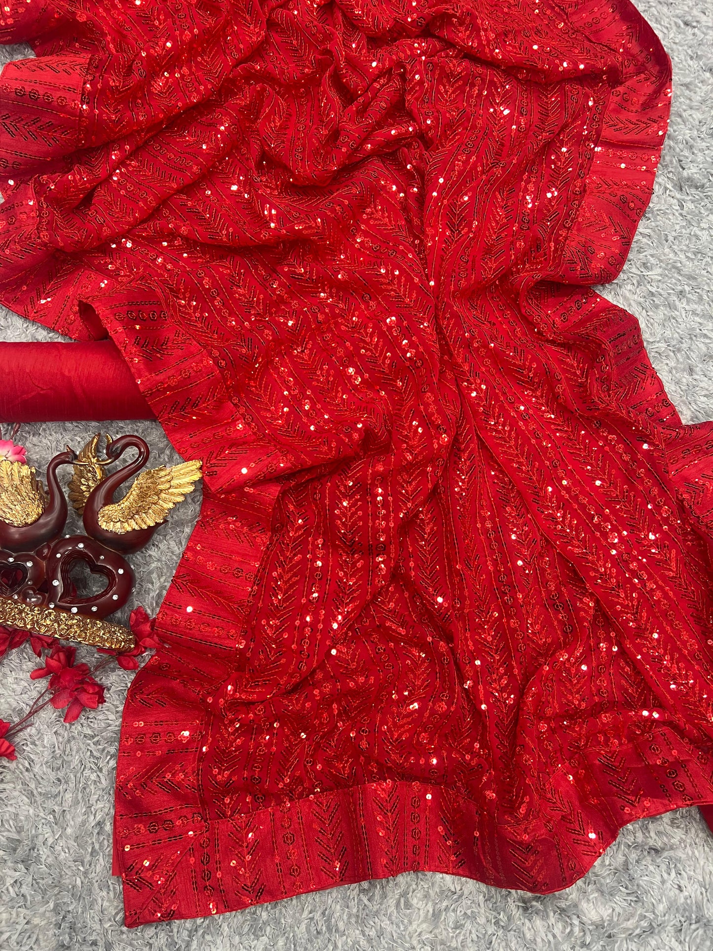 Party Wear Red Color Dazzling Work Saree