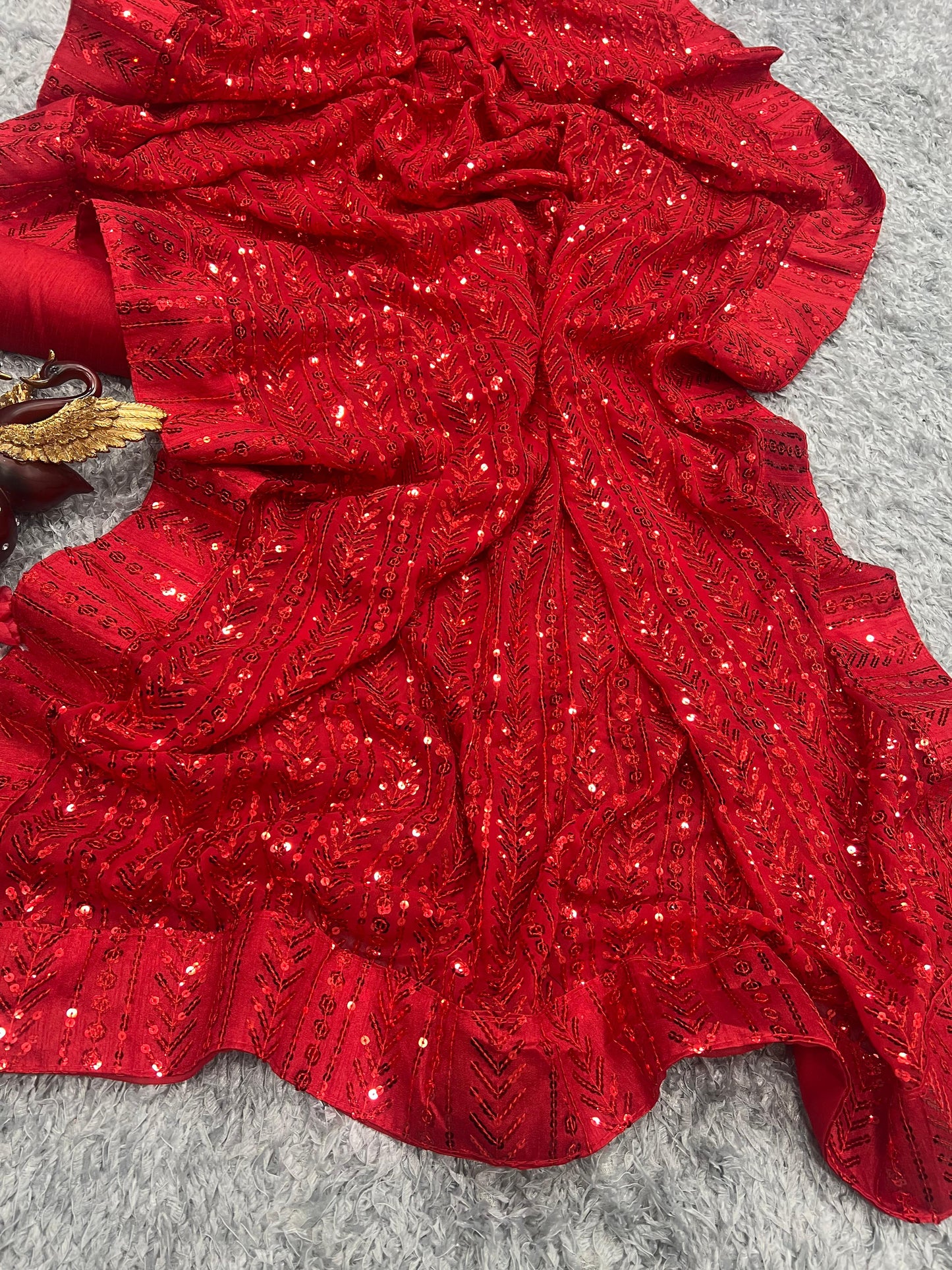 Party Wear Red Color Dazzling Work Saree