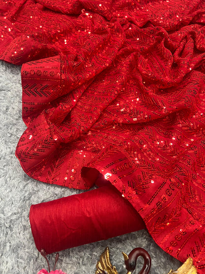 Party Wear Red Color Dazzling Work Saree