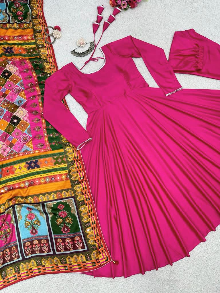 Pink Color Plain Gown With Digital Print Dupatta