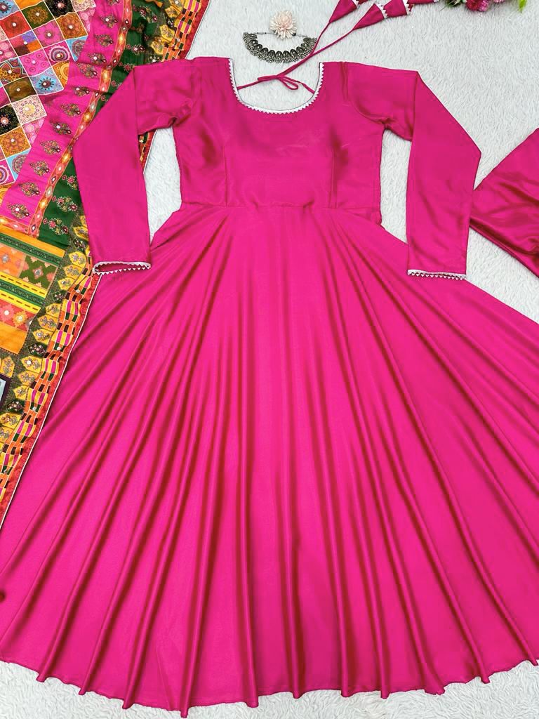 Pink Color Plain Gown With Digital Print Dupatta