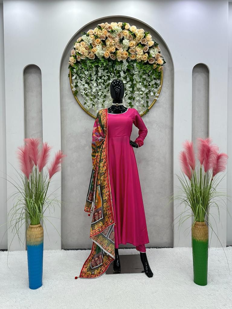 Pink Color Plain Gown With Digital Print Dupatta