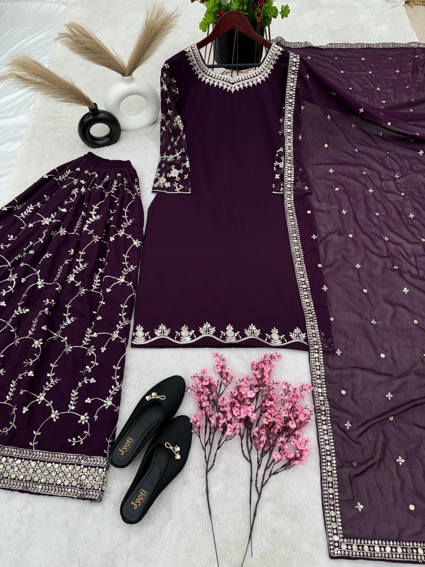 Wine Color Sequence Embroidery Sharara Suit