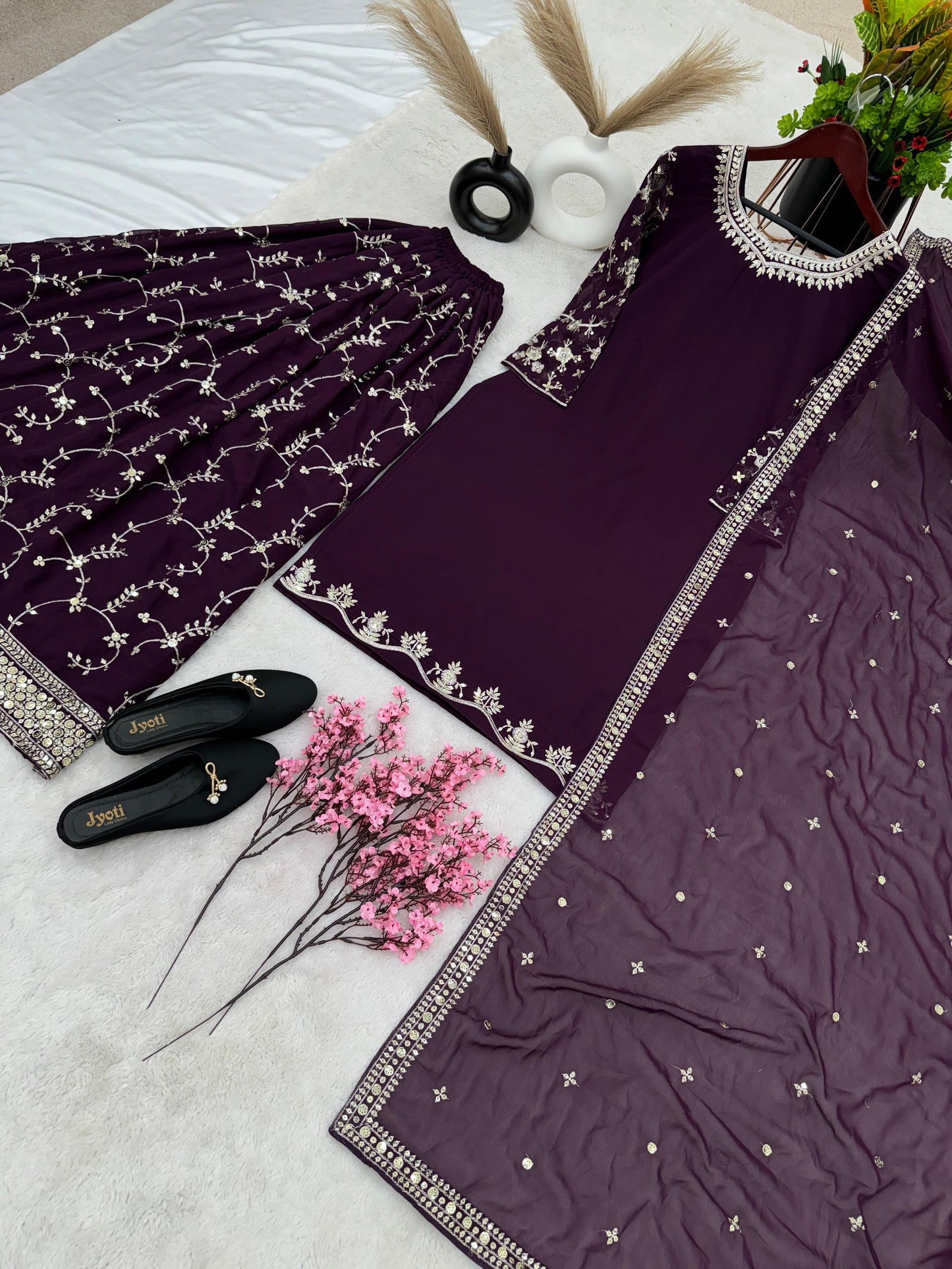 Wine Color Sequence Embroidery Sharara Suit