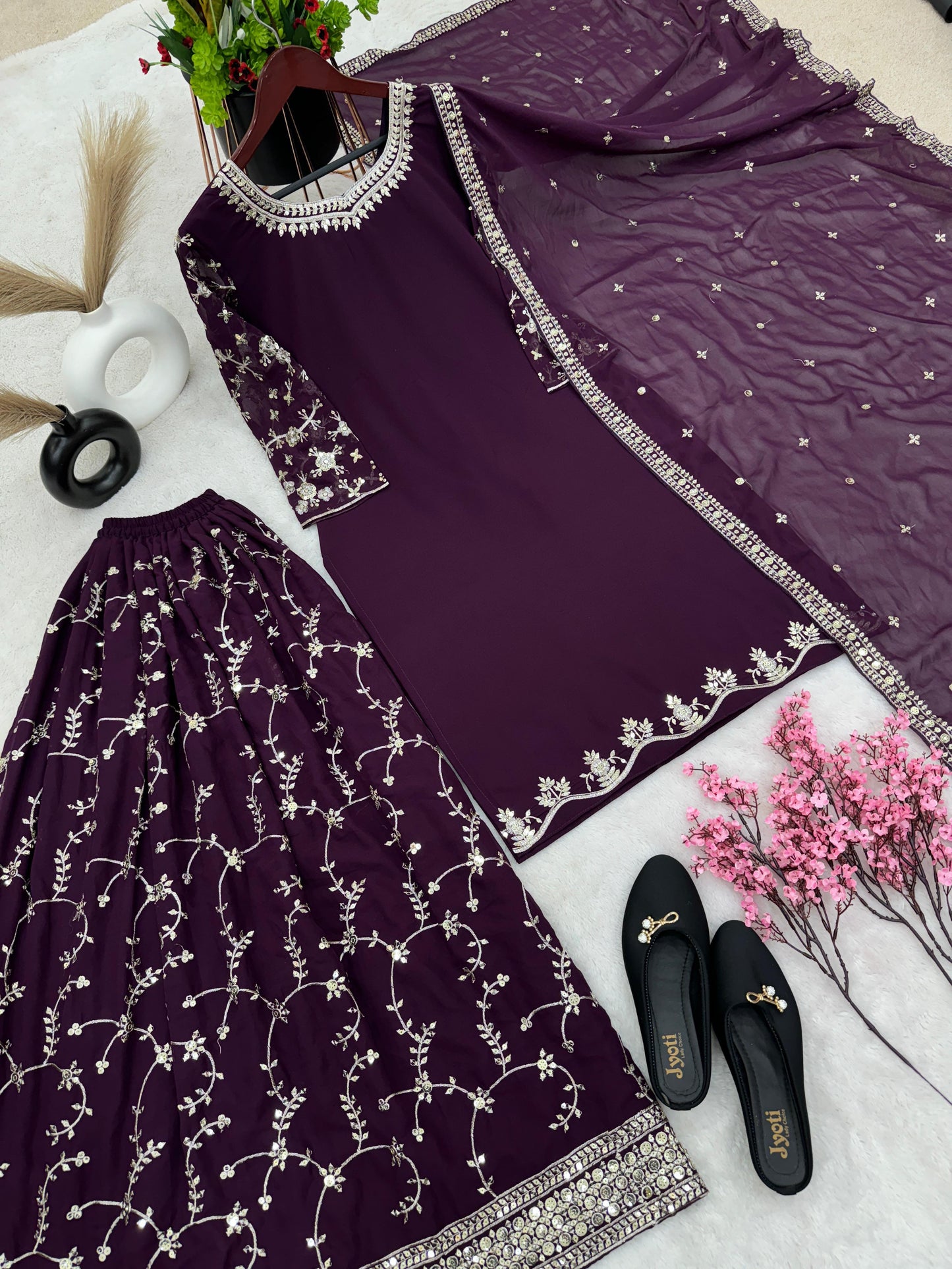 Wine Color Sequence Embroidery Sharara Suit