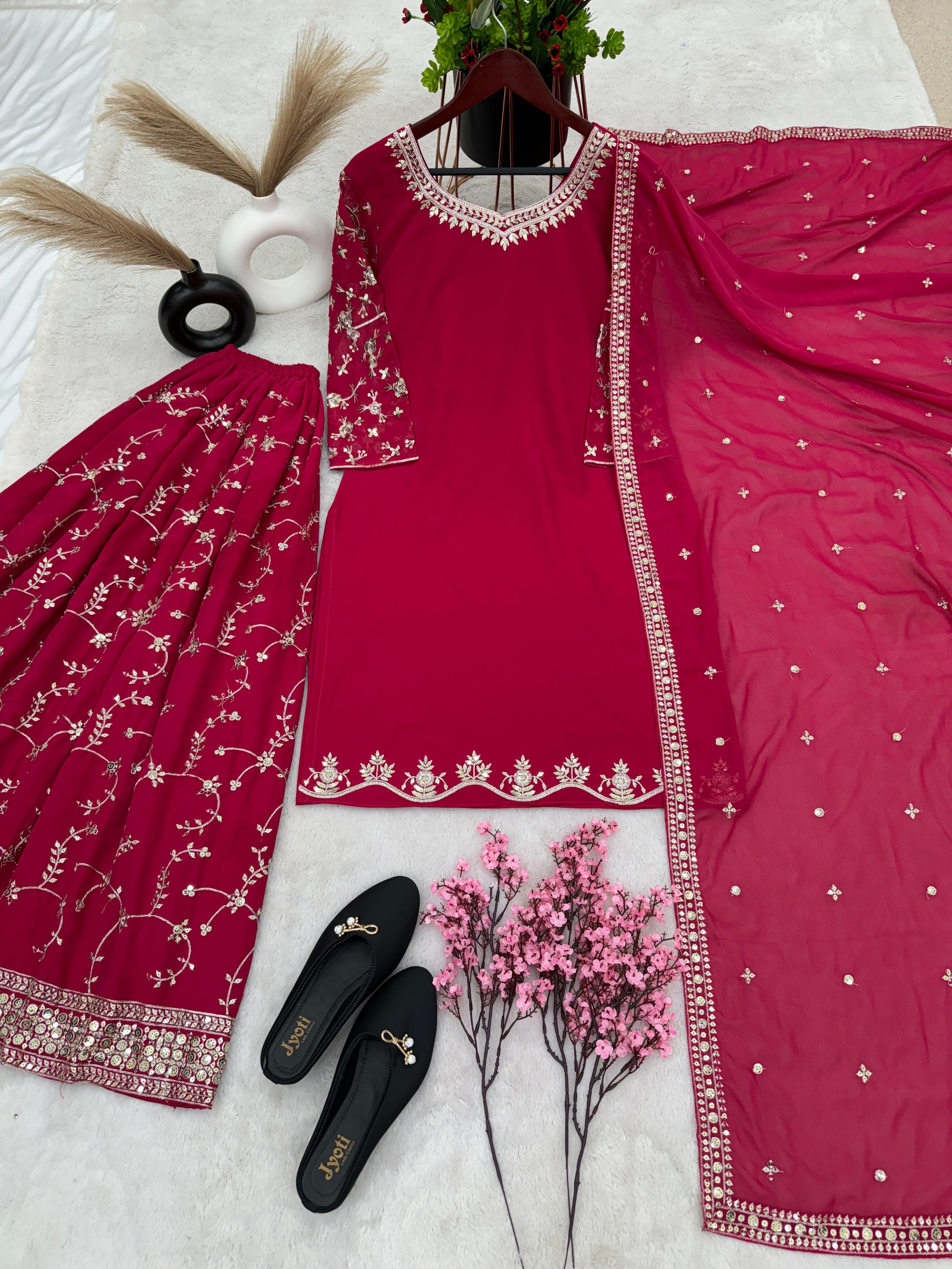 Pink Color Sequence Embroidery Sharara Suit