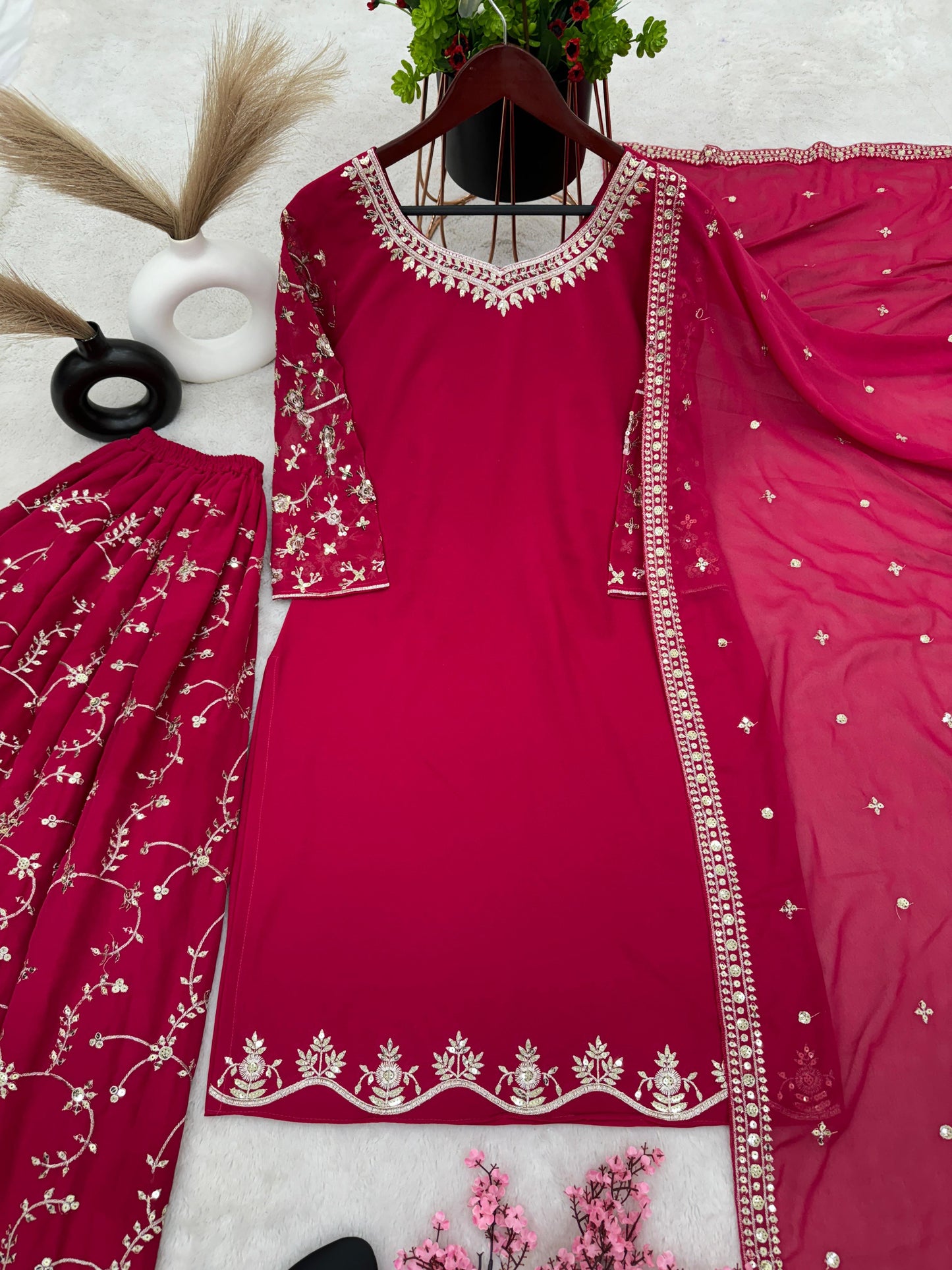 Pink Color Sequence Embroidery Sharara Suit