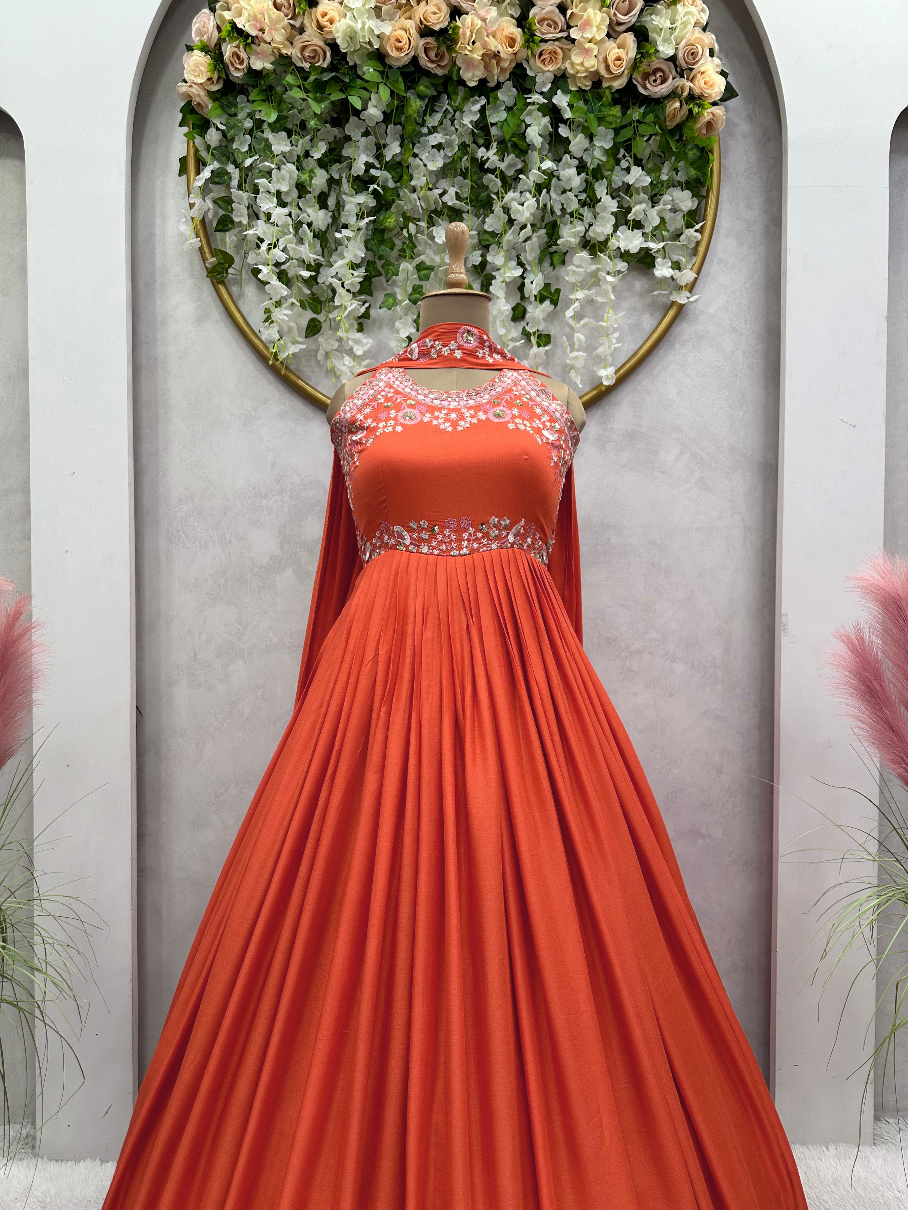 Party Wear Orange Color Gorgeous Gown