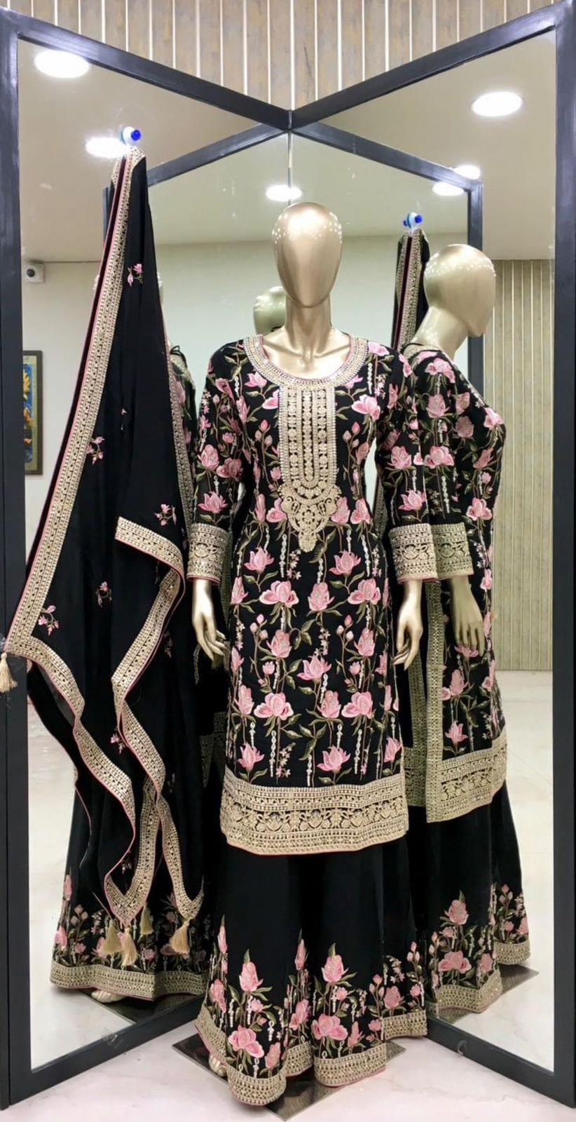 Multi Heavy Embroidery Work Black Color Palazzo Suit