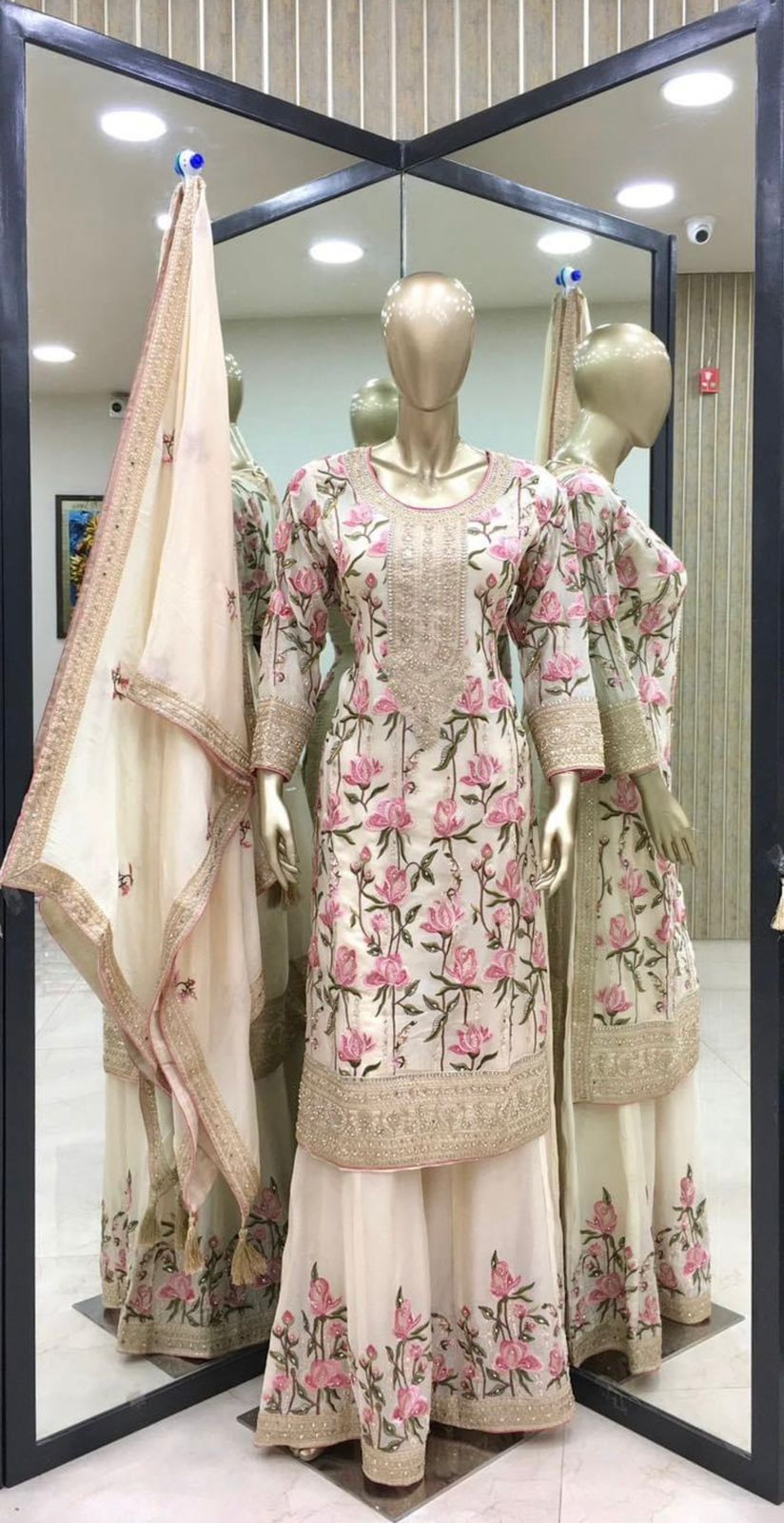 Multi Heavy Embroidery Work Cream Color Palazzo Suit