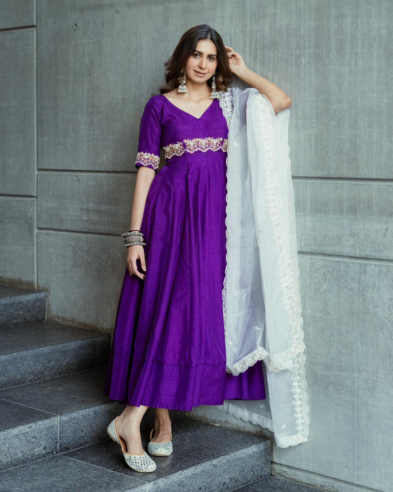 Kinjal Dave Wear Purple Color Gown With White Dupatta