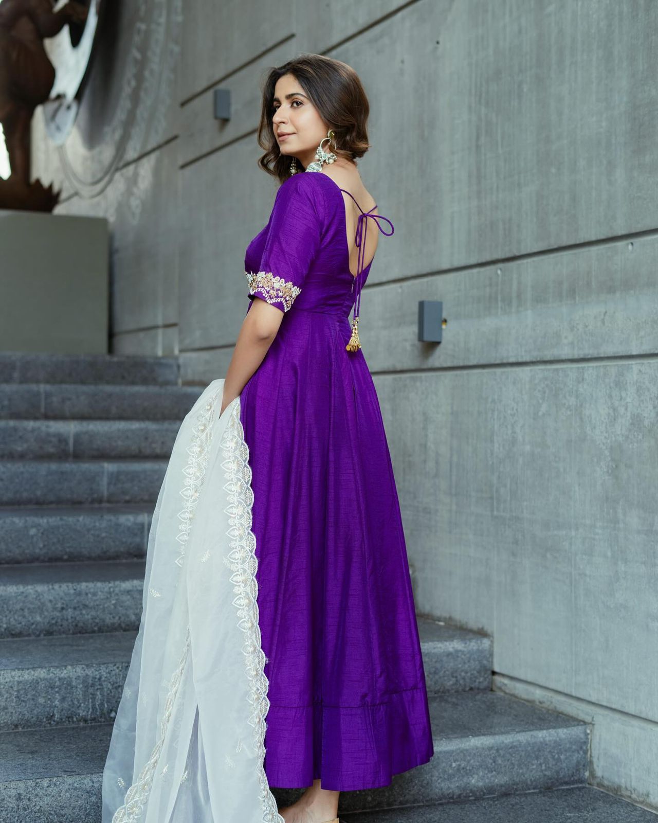 Kinjal Dave Wear Purple Color Gown With White Dupatta