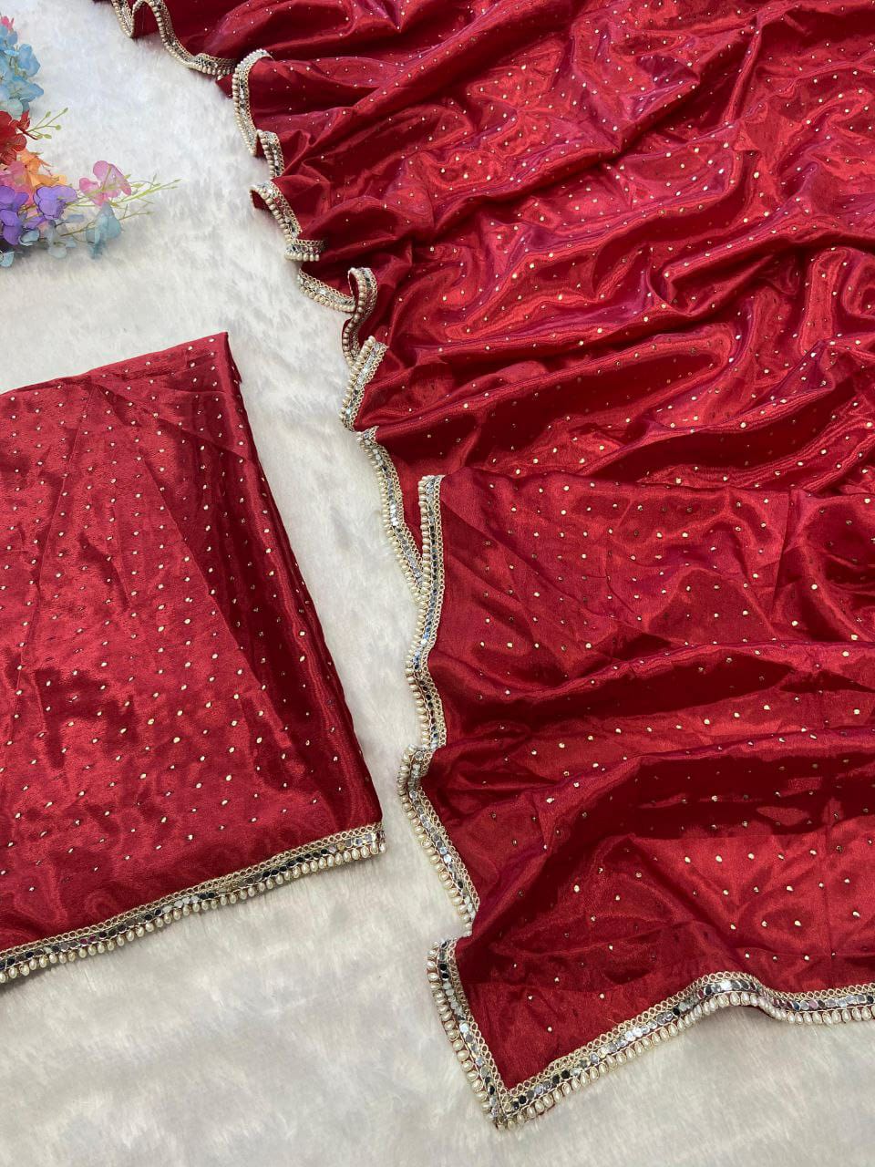 Beautiful Hand Work Lace Border Red Color Saree