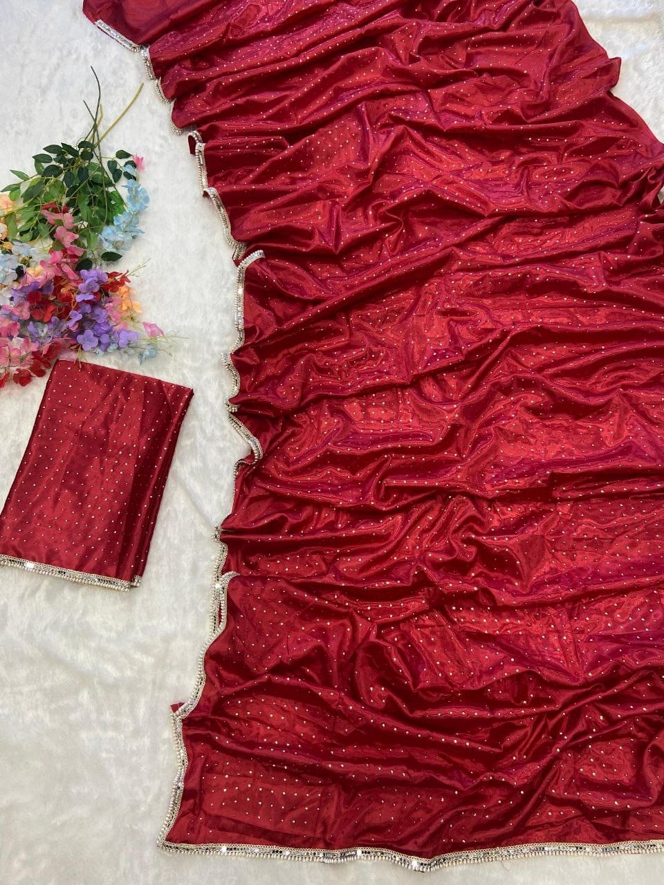 Beautiful Hand Work Lace Border Red Color Saree