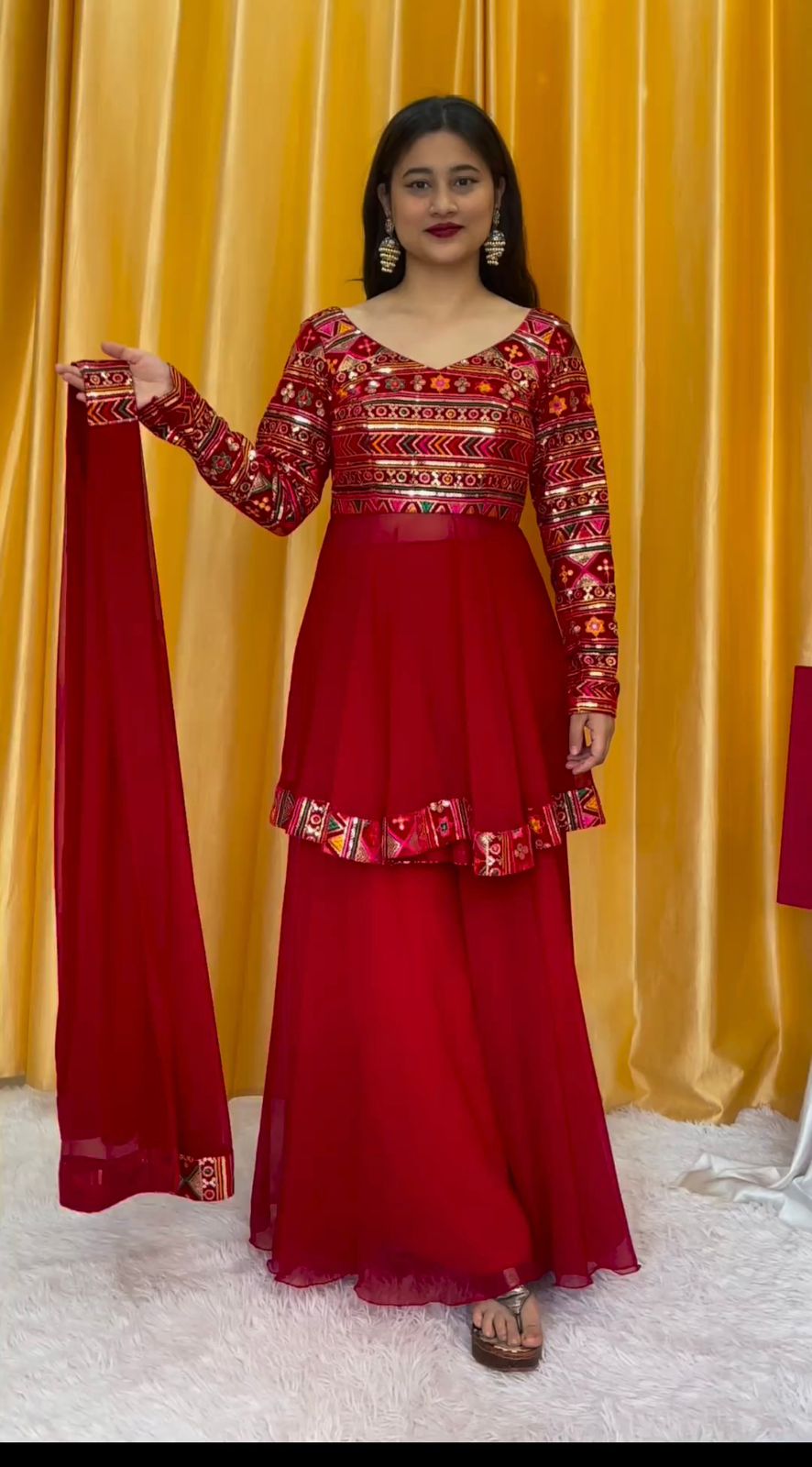 Fabulous Thread Sequence Work Red Color Sharara Suit