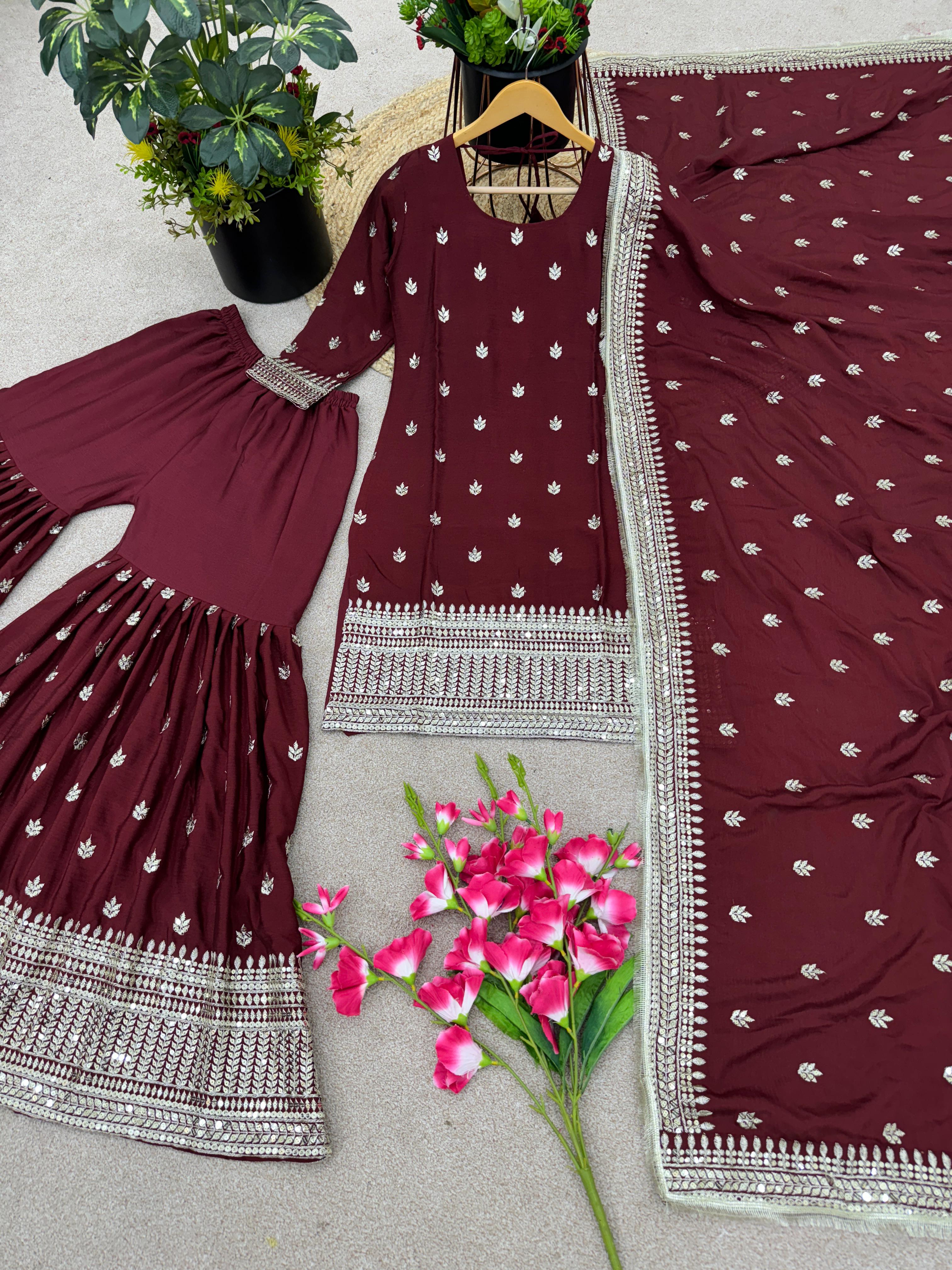 Ceremony Wear Maroon Color Fancy Work Sharara Suit