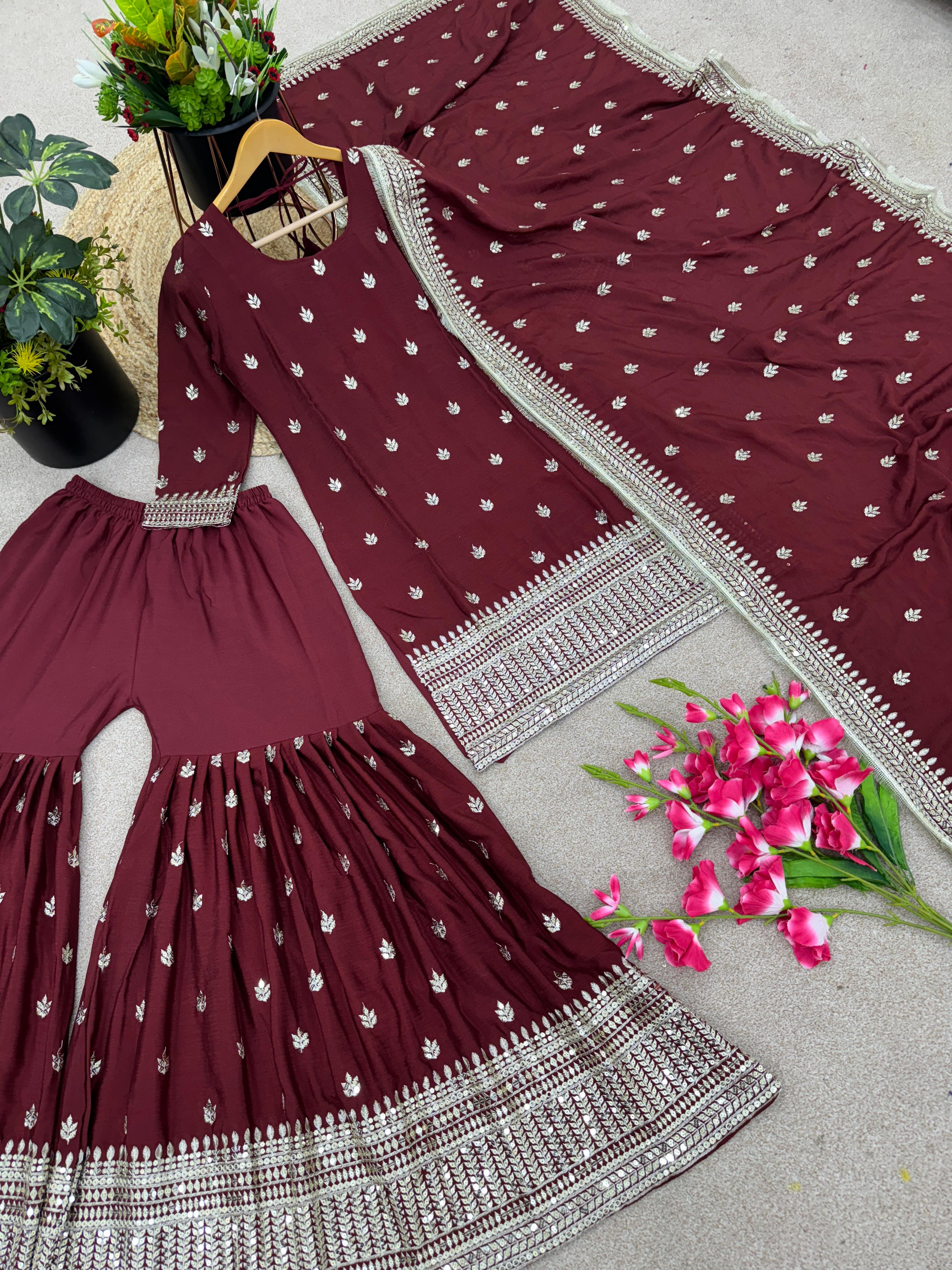 Ceremony Wear Maroon Color Fancy Work Sharara Suit