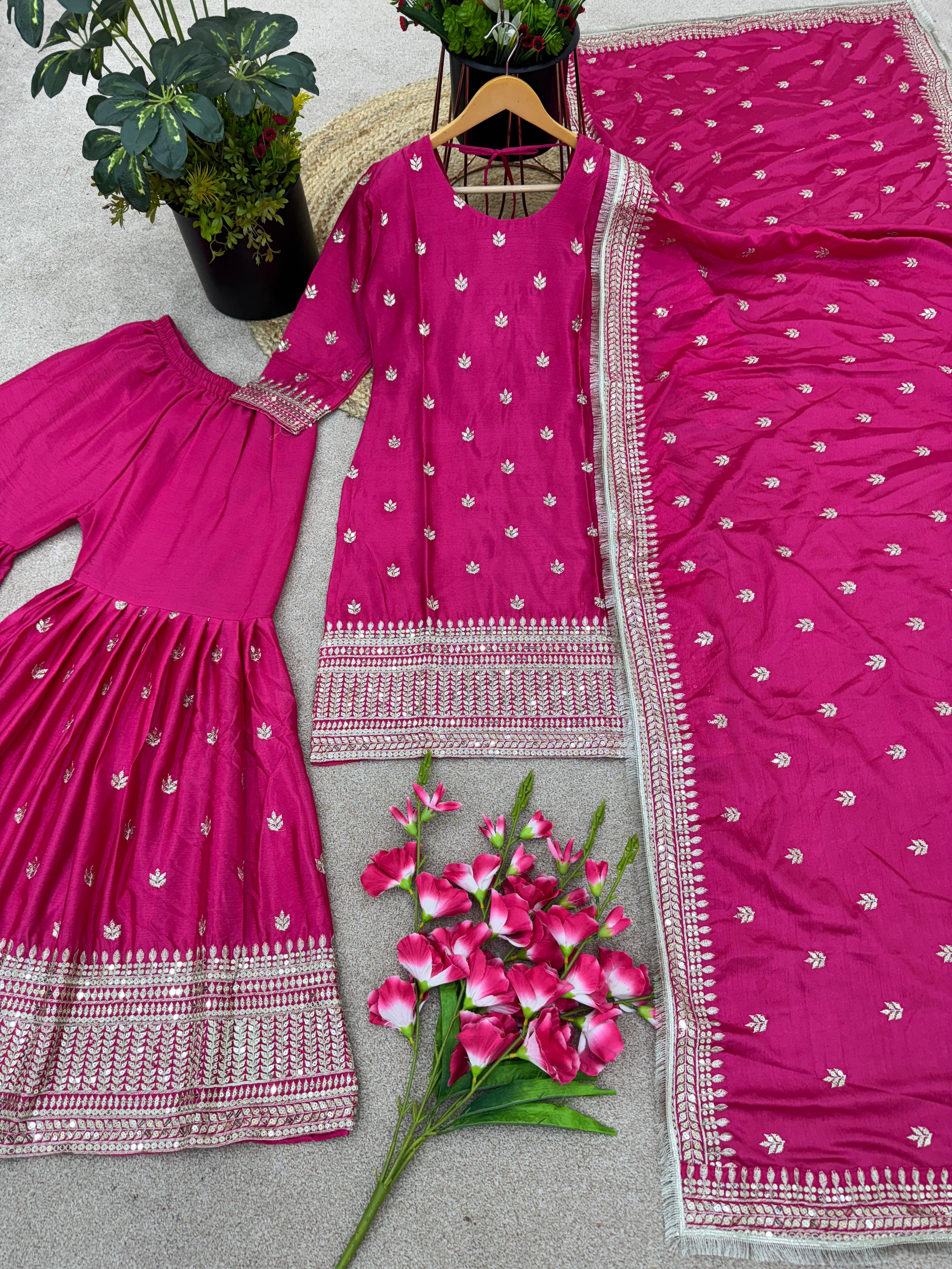 Ceremony Wear Pink Color Fancy Work Sharara Suit