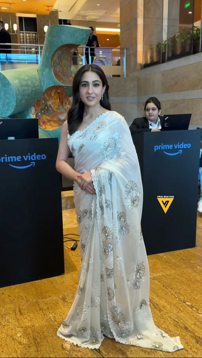 Celebrity Sara Ali Khan Wear White Color Designer Saree