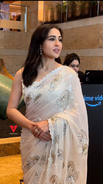 Celebrity Sara Ali Khan Wear White Color Designer Saree