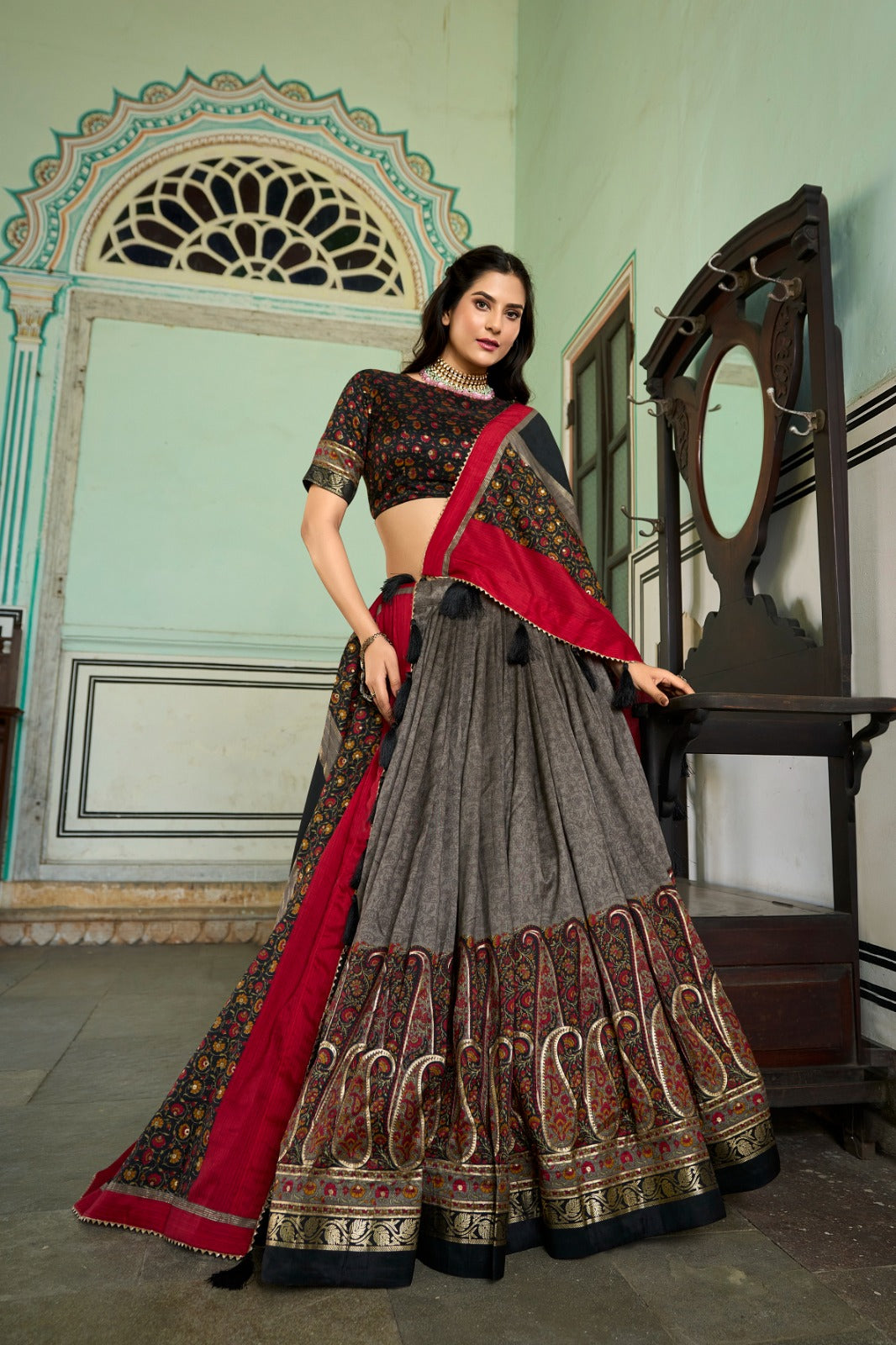 Gray Color Kashmiri Print With Foil Work Embellished Lehenga Choli