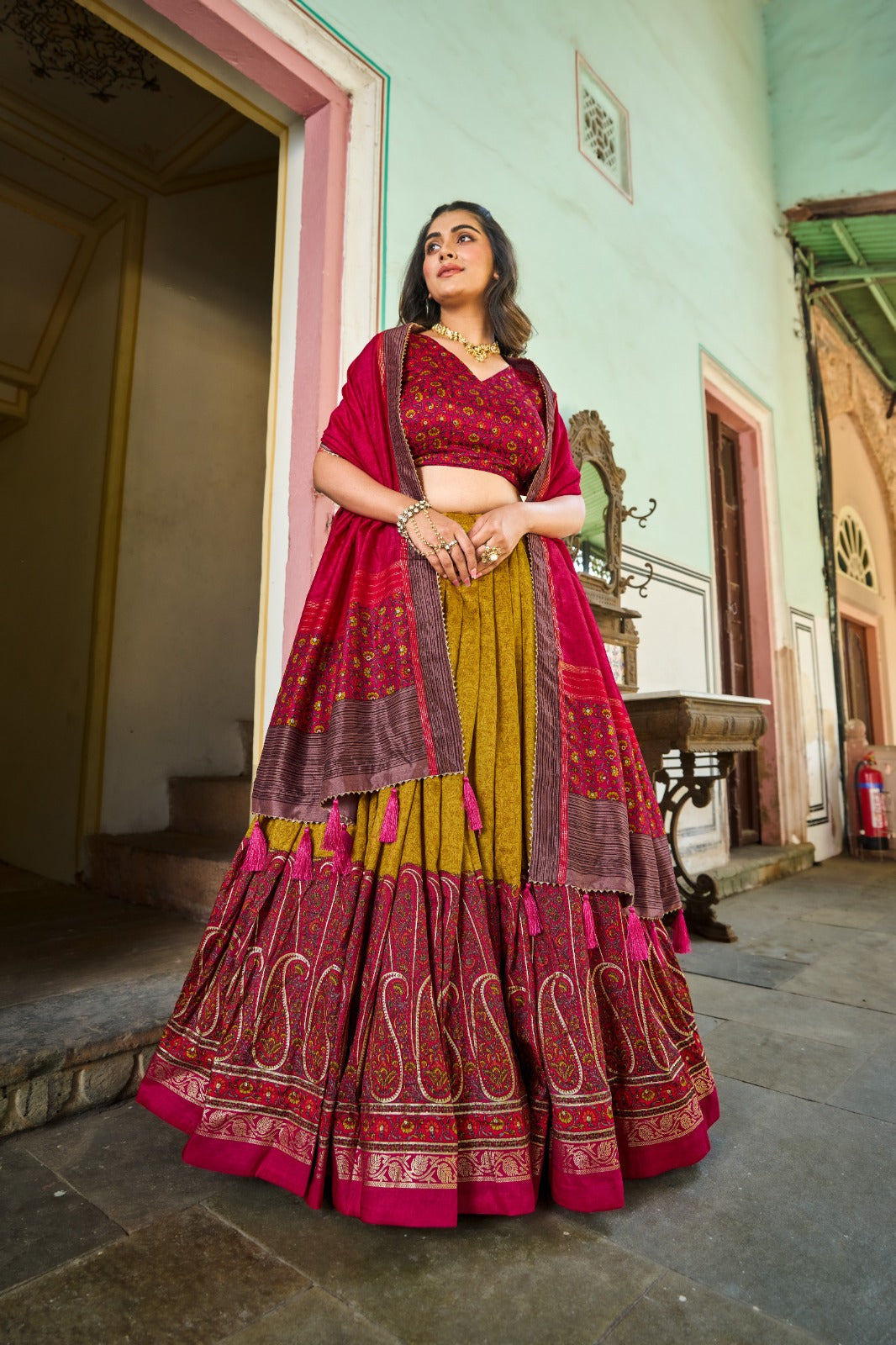 Mustard Color Kashmiri Print With Foil Work Embellished Lehenga Choli