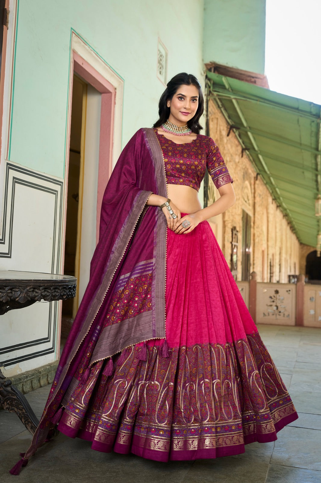 Pink Color Kashmiri Print With Foil Work Embellished Lehenga Choli