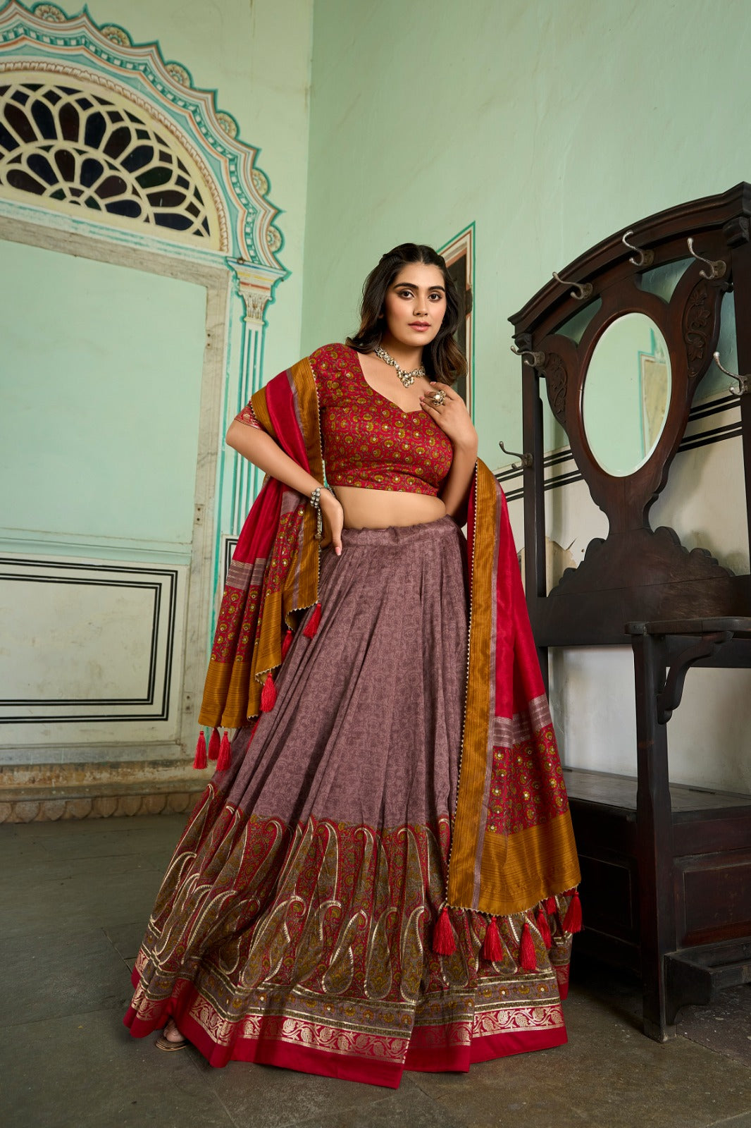 Onion Color Kashmiri Print With Foil Work Embellished Lehenga Choli