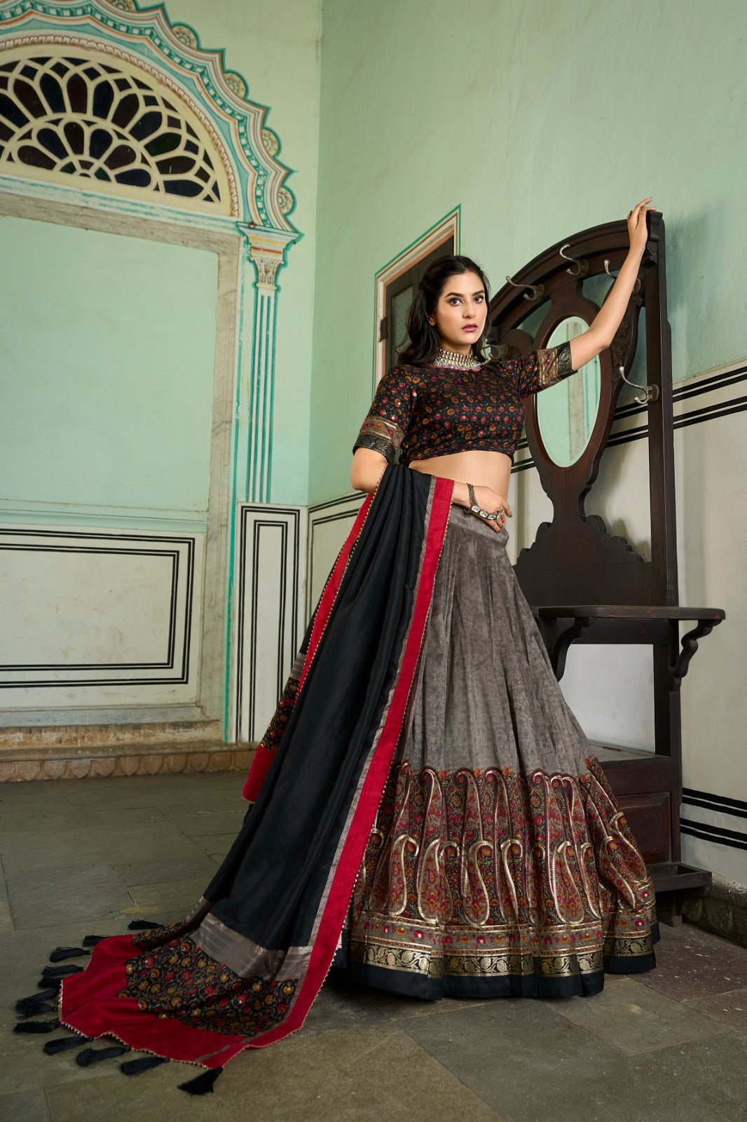 Gray Color Kashmiri Print With Foil Work Embellished Lehenga Choli