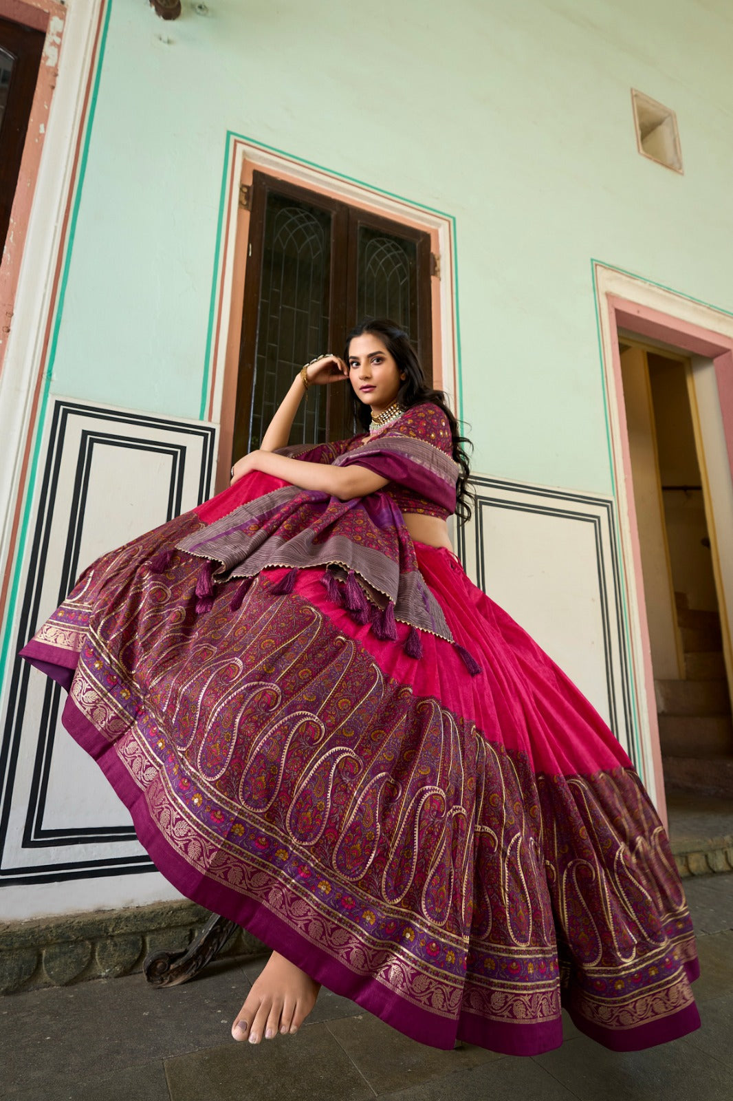 Pink Color Kashmiri Print With Foil Work Embellished Lehenga Choli