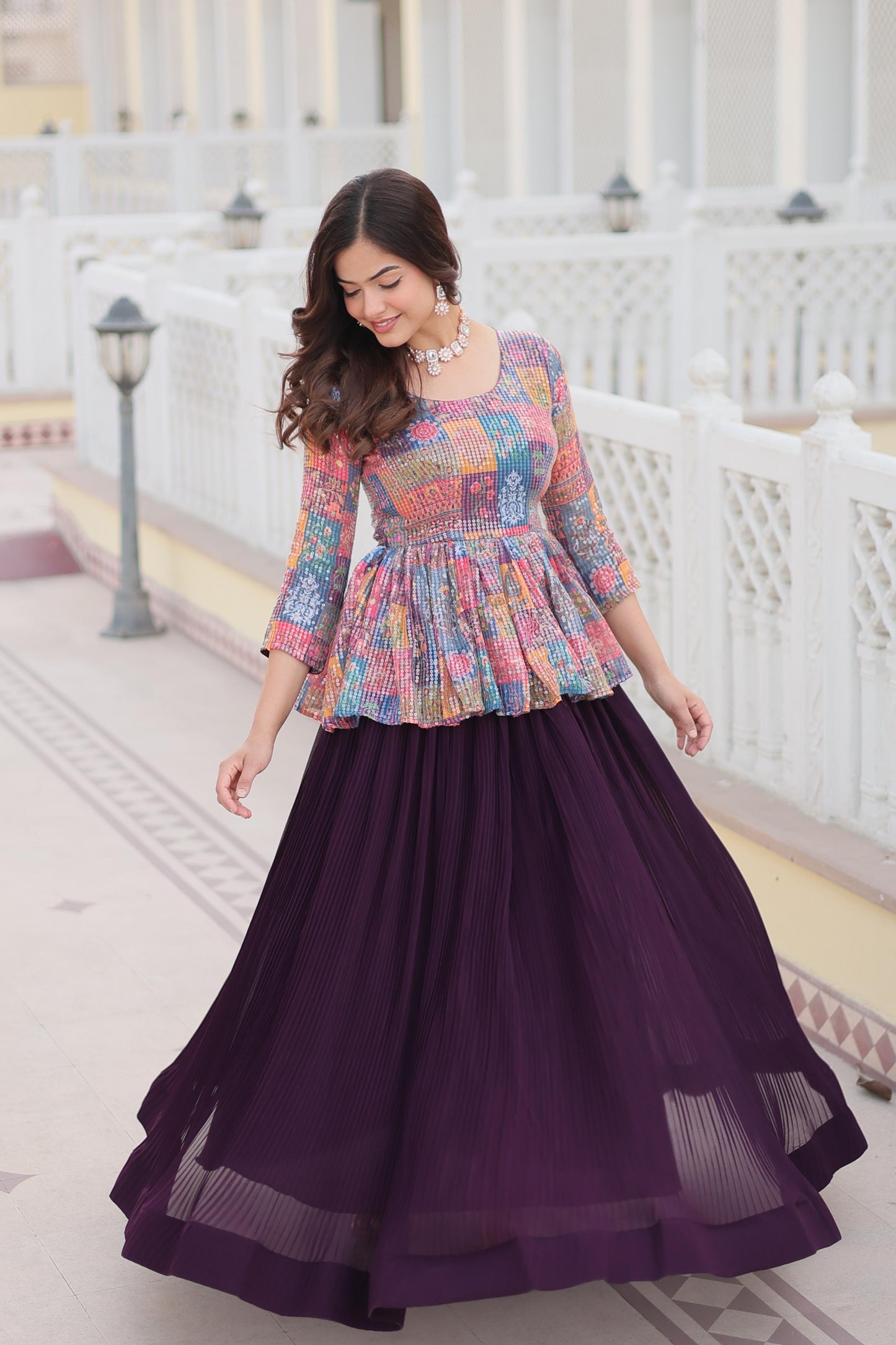 Wine Crushed lehenga With Multi Color Work Top