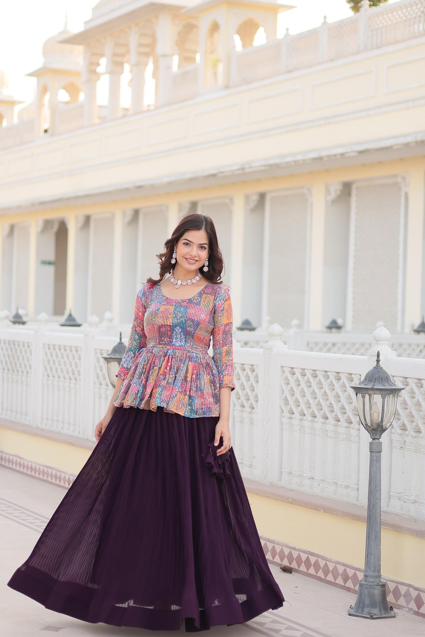 Wine Crushed lehenga With Multi Color Work Top