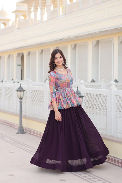 Wine Crushed lehenga With Multi Color Work Top