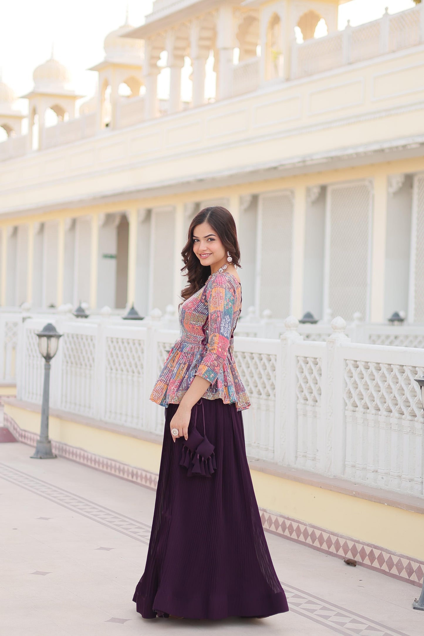 Wine Crushed lehenga With Multi Color Work Top