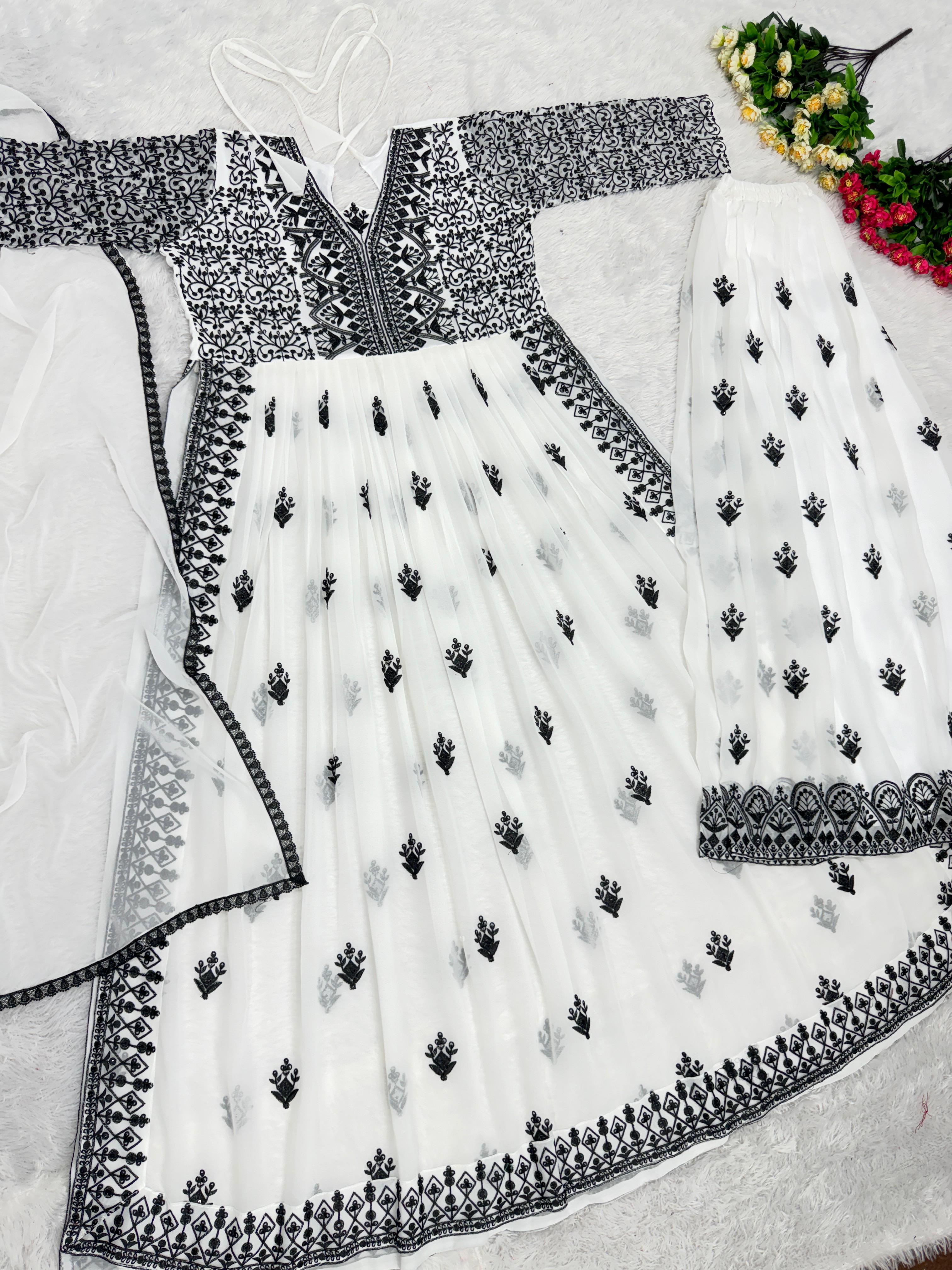 Black Embroidery Work White Color Top With Palazzo Suit