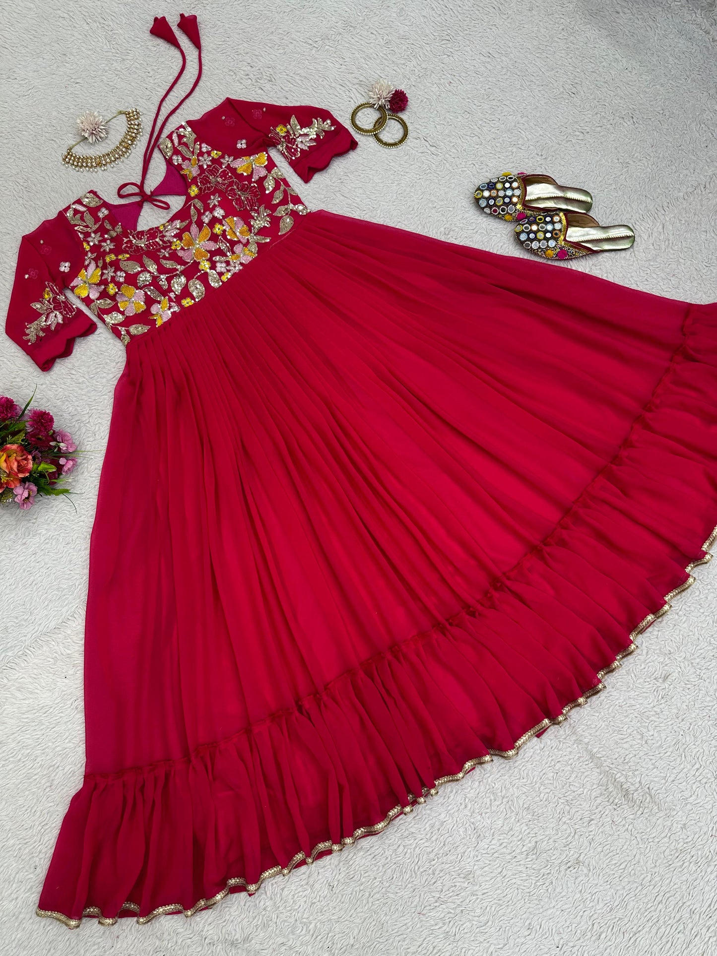 Festive Wear Ruffle Style Red Long Work Gown