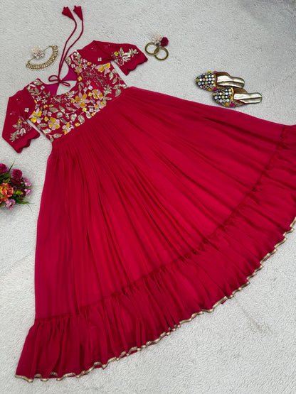 Festive Wear Ruffle Style Red Long Work Gown