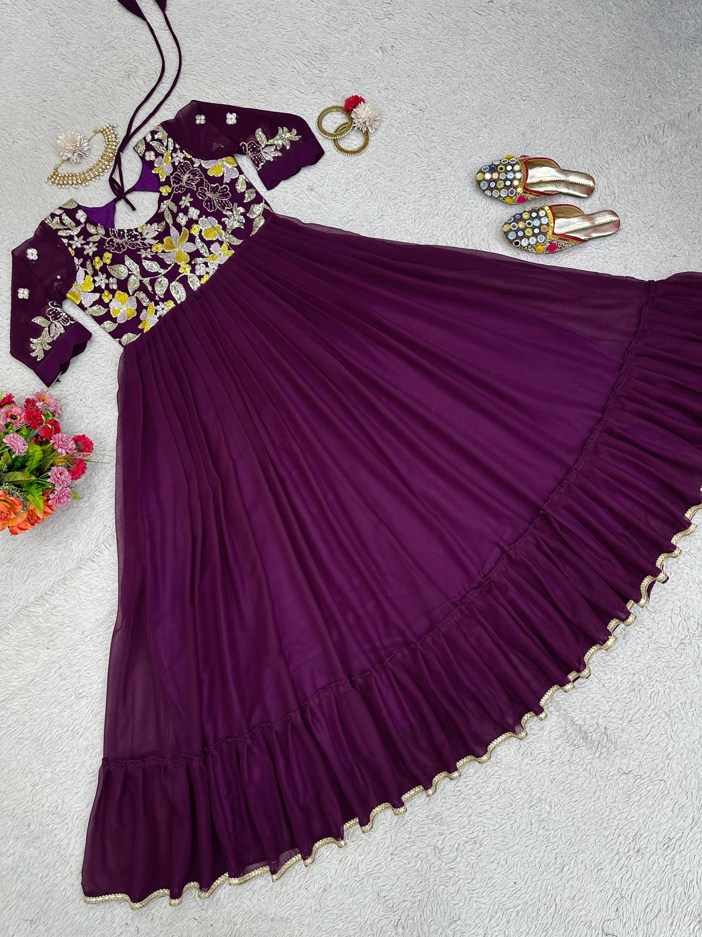 Festive Wear Ruffle Style Wine Long Work Gown