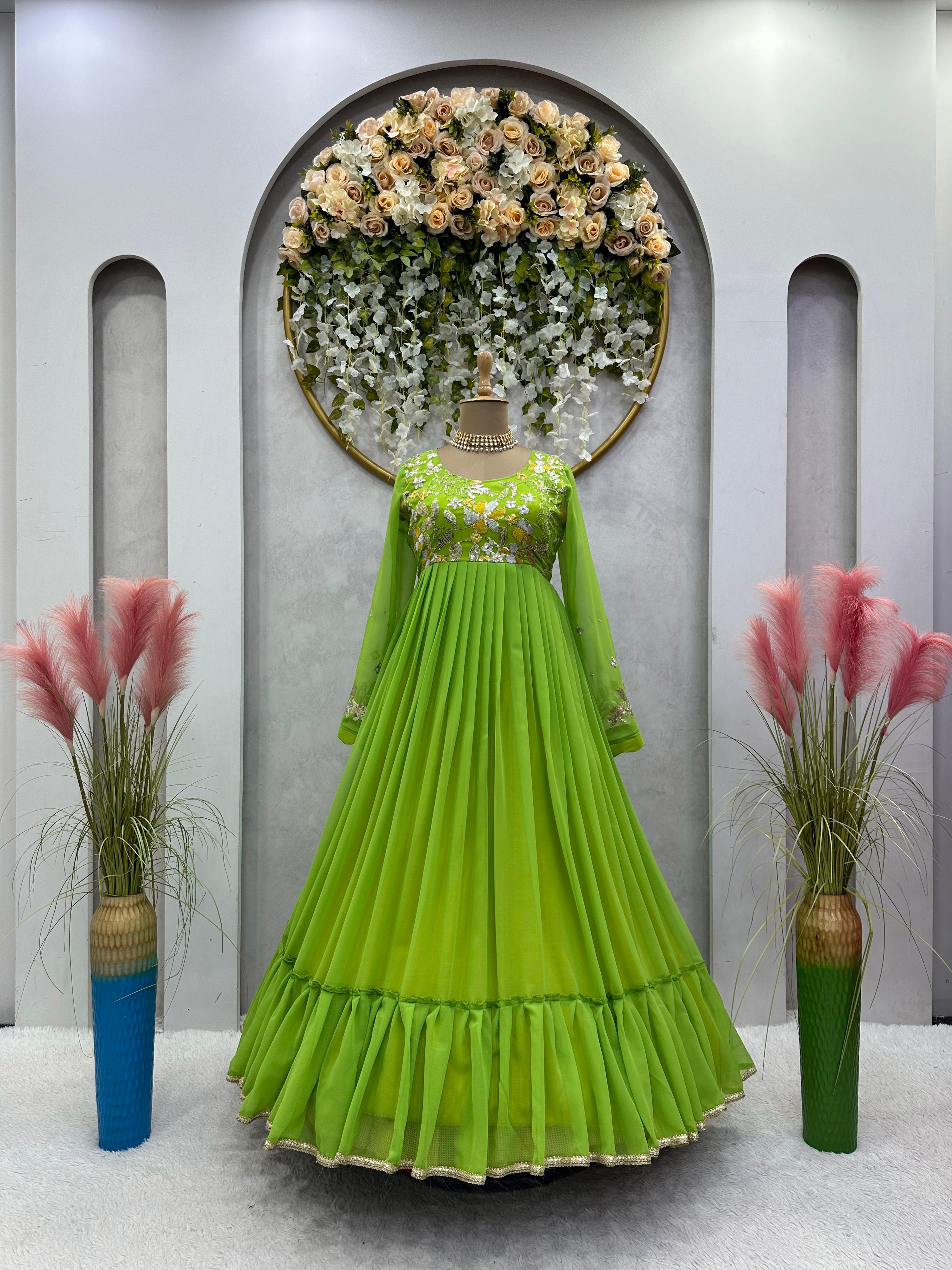 Festive Wear Ruffle Style Parrot Green Long Work Gown