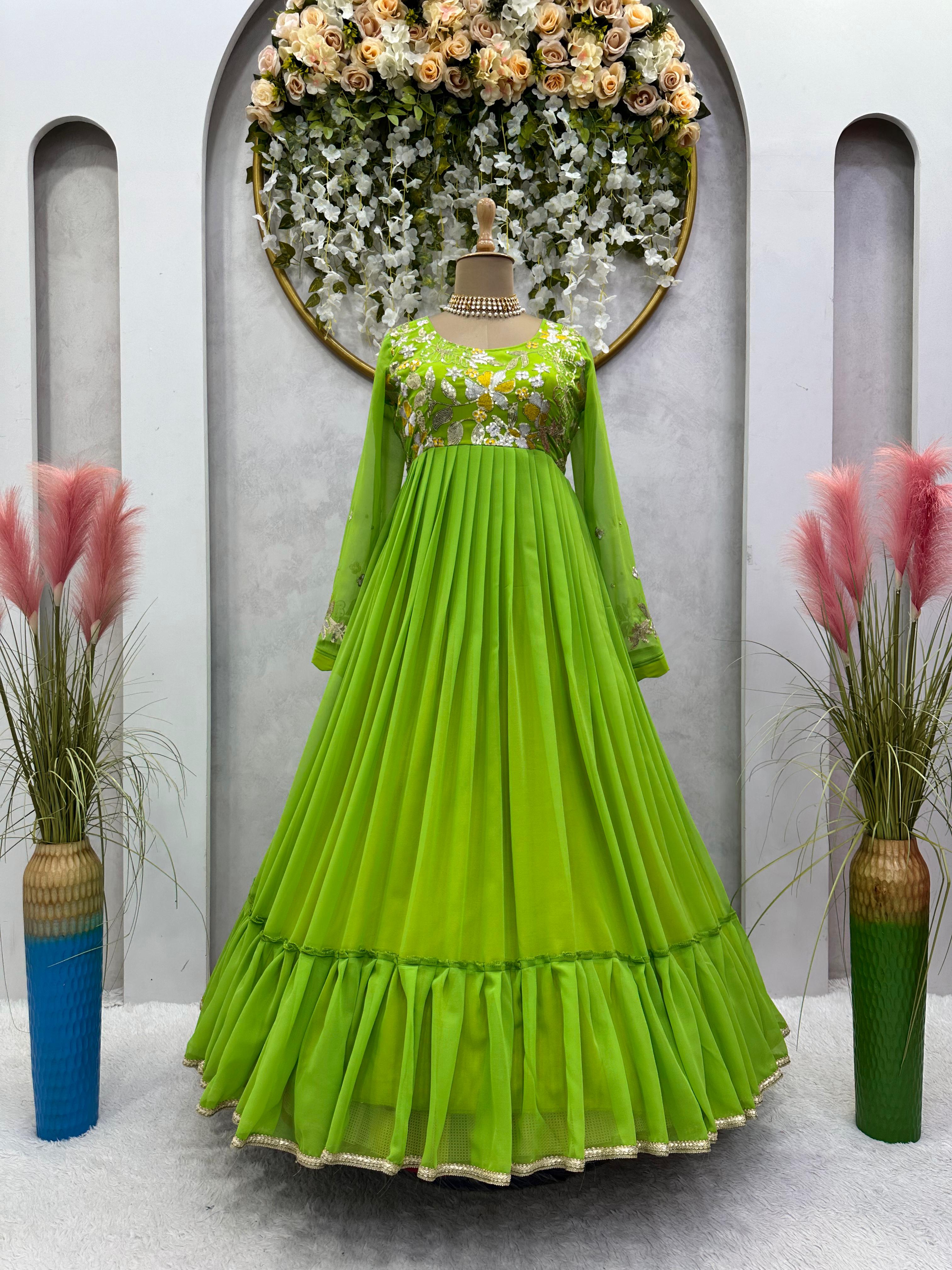 Festive Wear Ruffle Style Parrot Green Long Work Gown