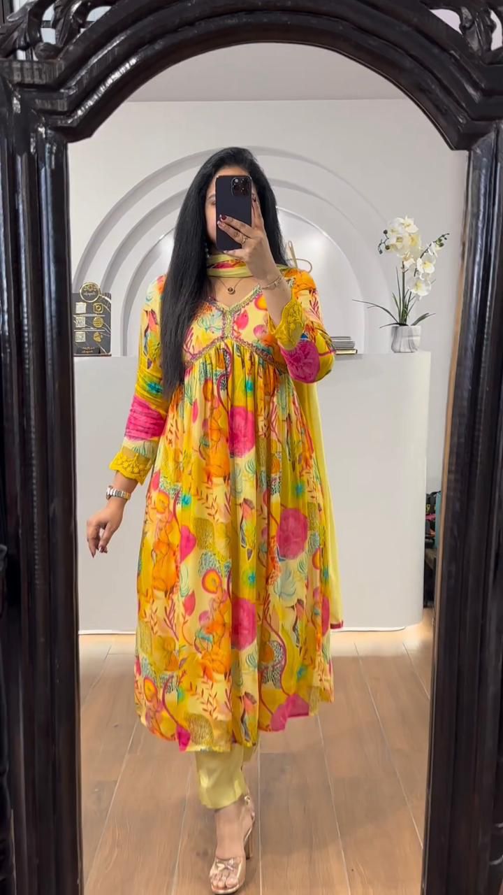 Trending Yellow Printed With Beautiful Work Aliya Cut Suit