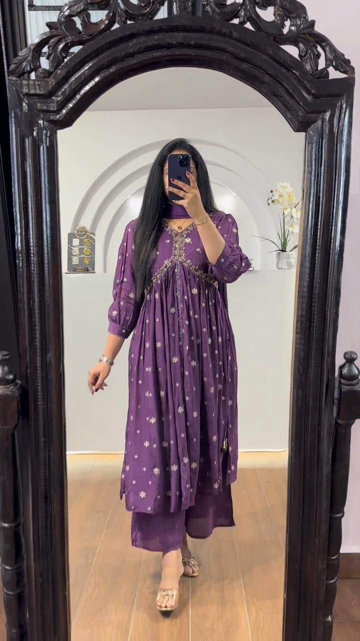 Trending Purple Printed With Beautiful Work Aliya Cut Suit