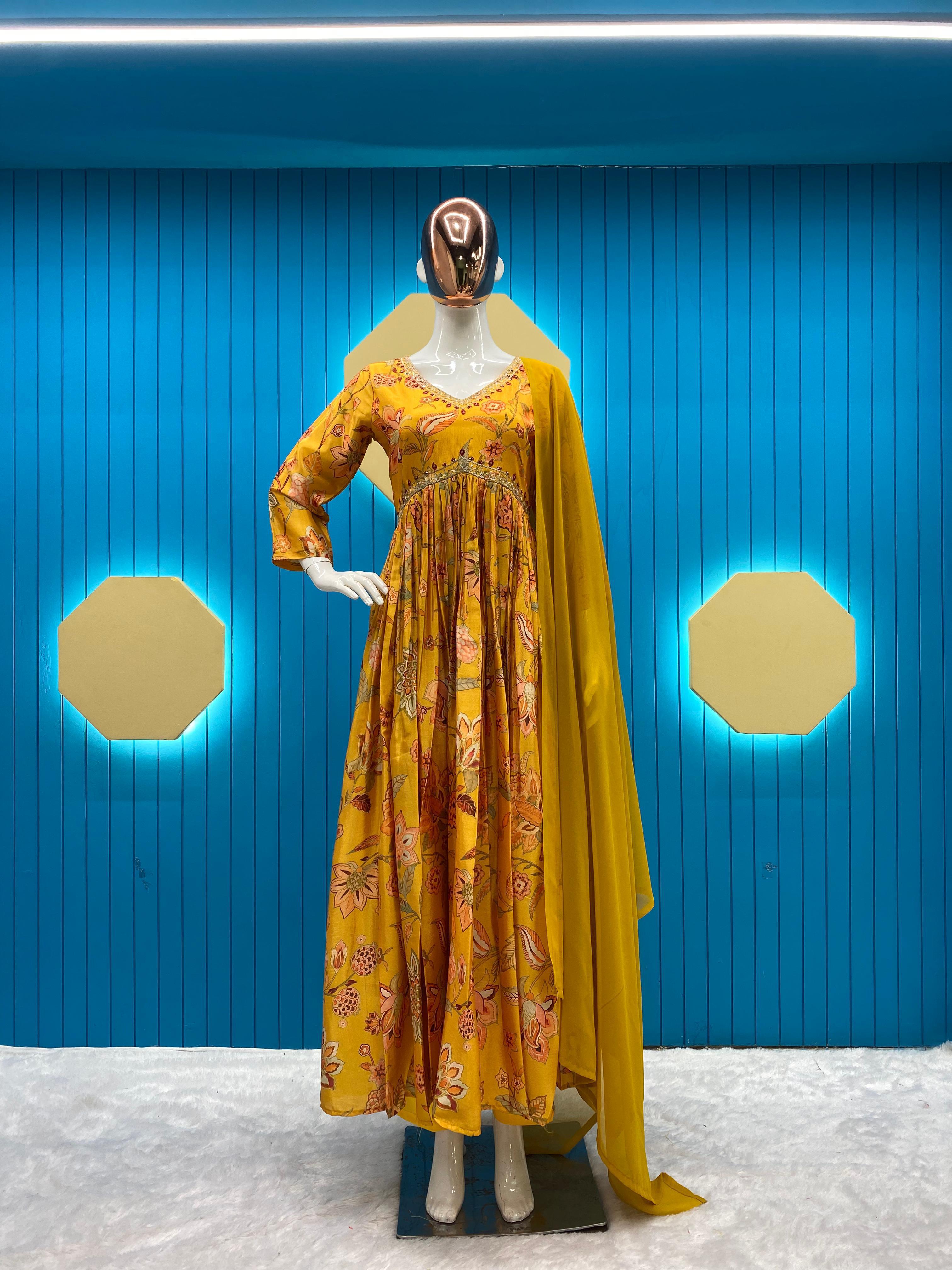 Trending Mustard Printed With Beautiful Work Aliya Cut Suit