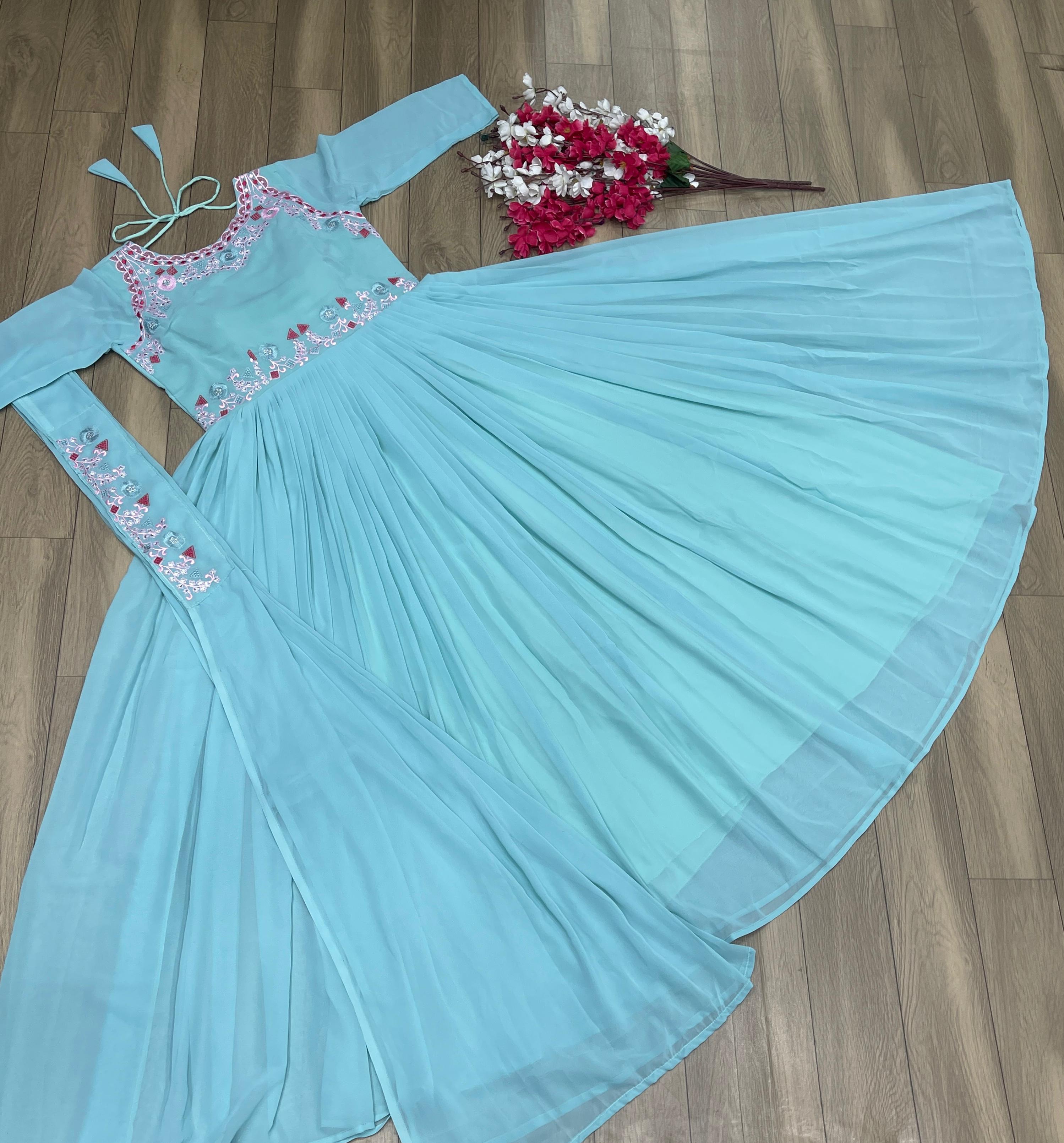 Occasion Wear Sky Blue Embroidered Gown With Dupatta